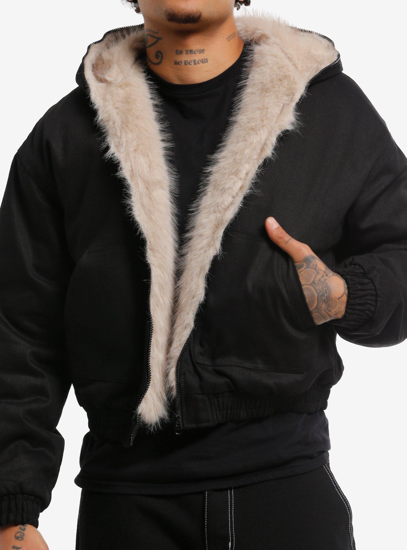 Black Denim Faux Fur Hooded Bomber Jacket, , hi-res