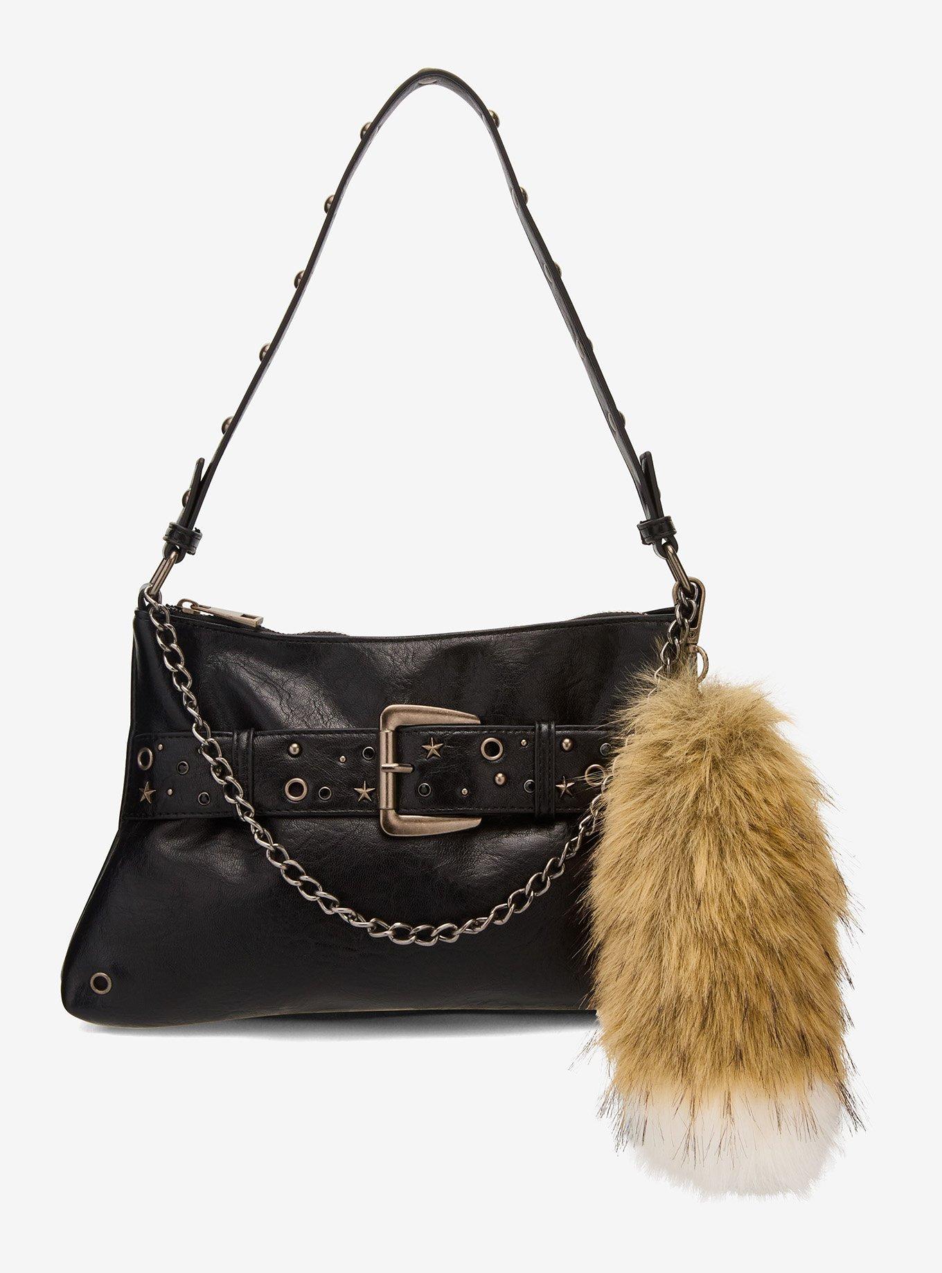 Black Buckle Chain Fox Tail Shoulder Bag, , hi-res