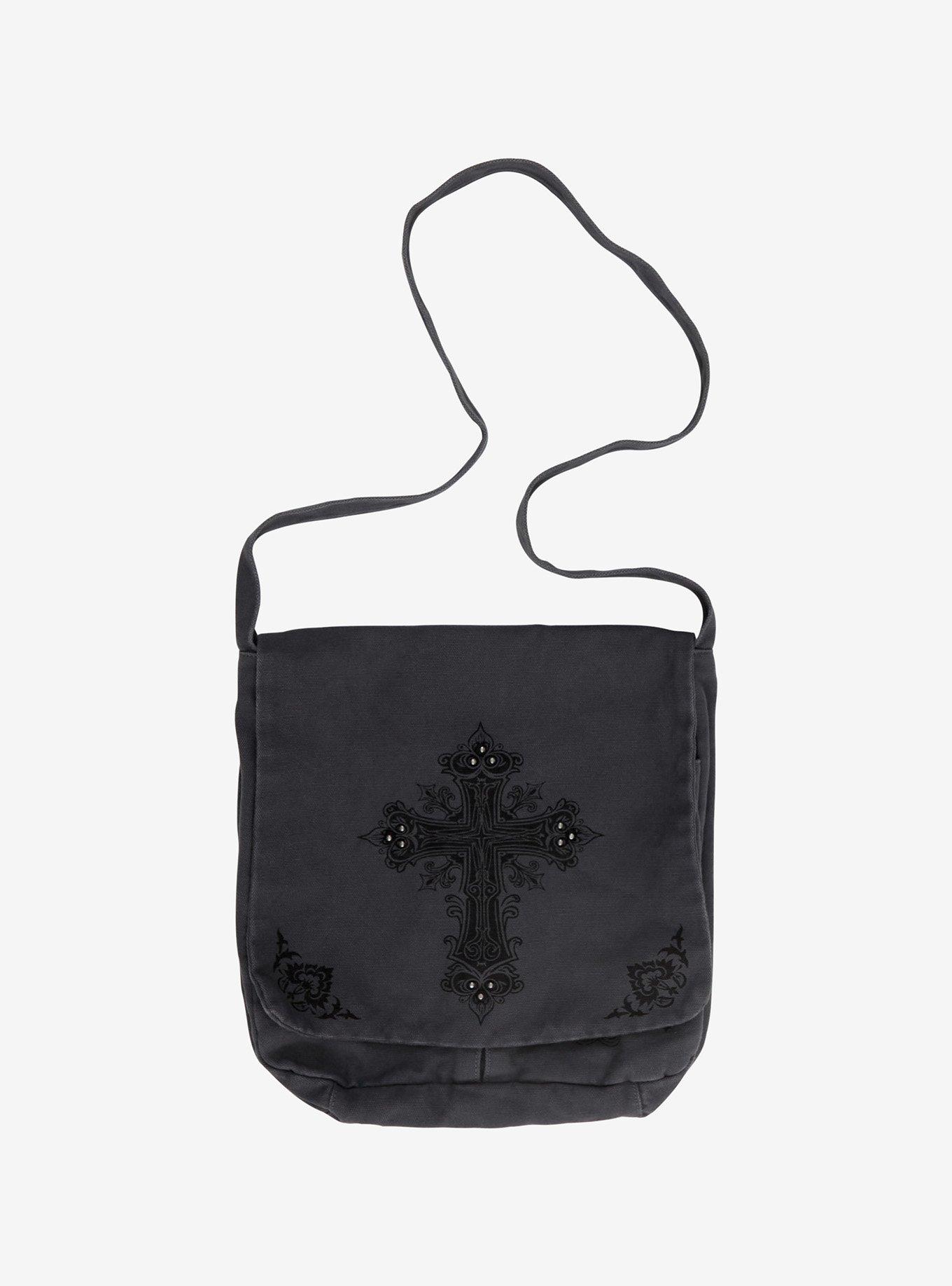 Black Cross Studded Messenger Bag, , hi-res