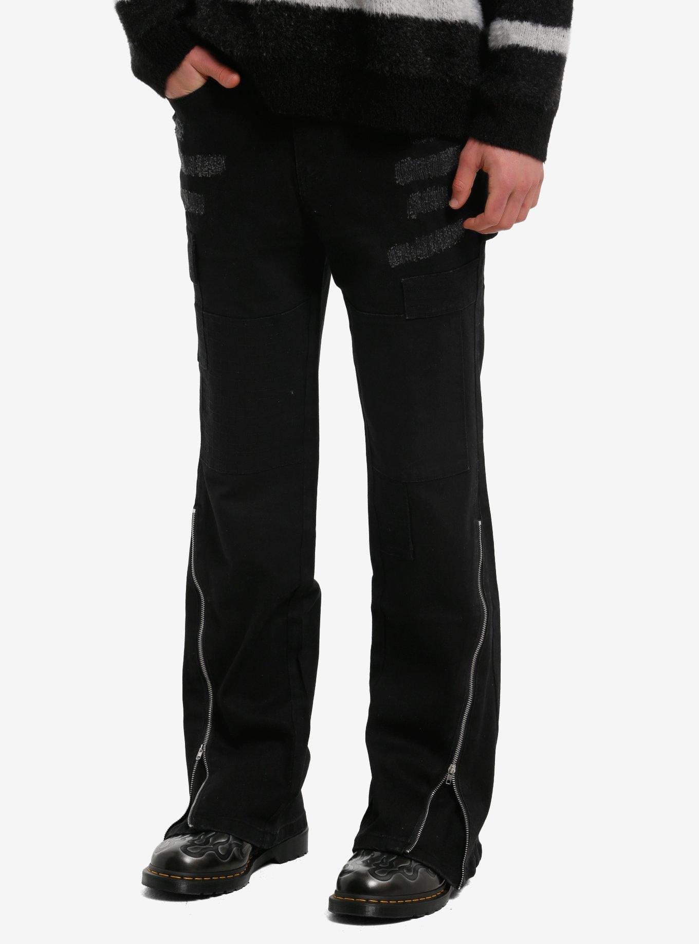 Black Zipper Cargo Flare Jeans, , hi-res