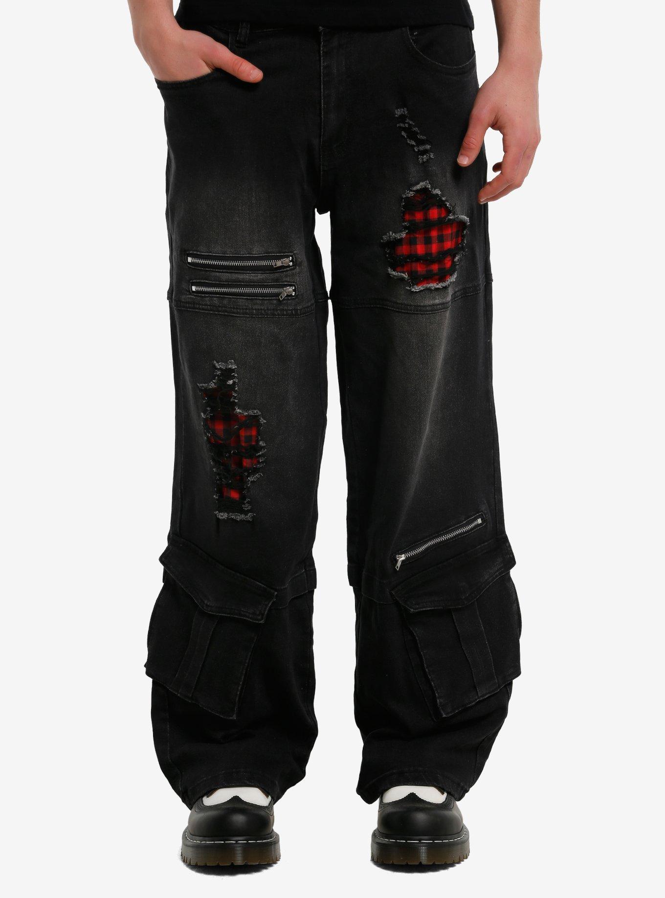 Black & Red Plaid Wide Leg Jeans, , hi-res