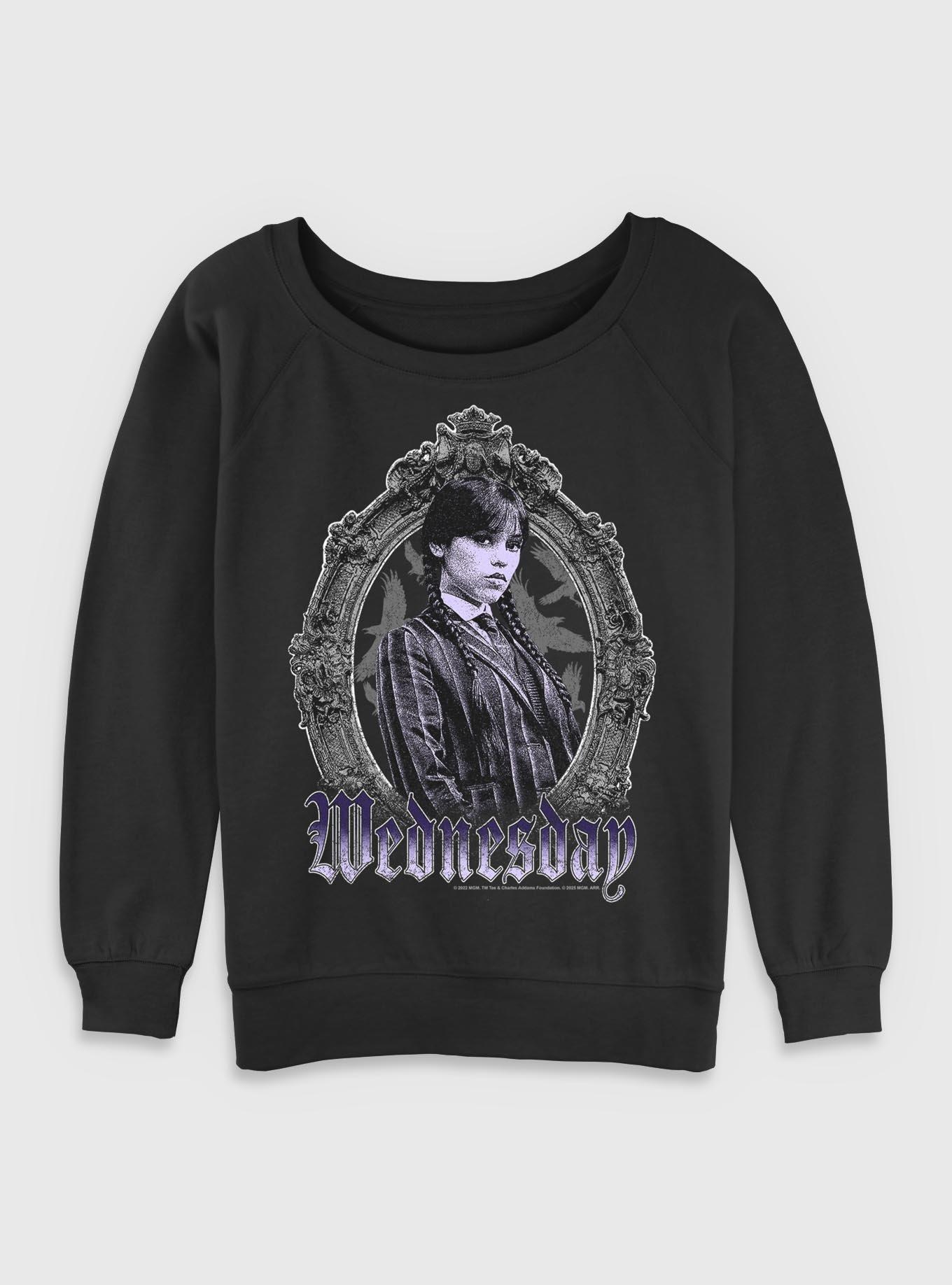 Wednesday In Frame Portrait Womens Slouchy Sweatshirt BoxLunch Exclusive, BLACK, hi-res