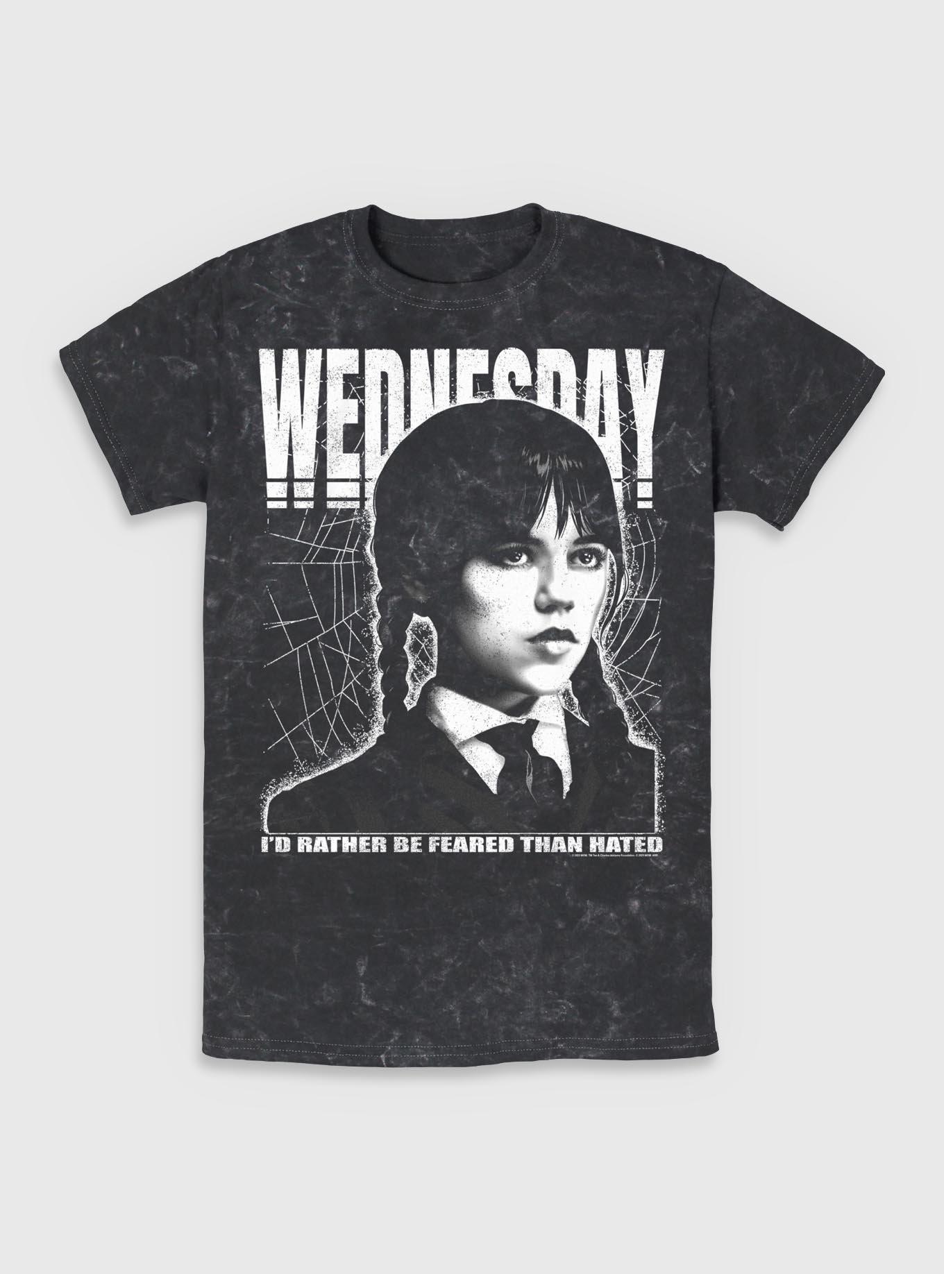 Wednesday Rather Be Feared Than Hated Mineral Wash T-Shirt BoxLunch Exclusive, BLACK, hi-res