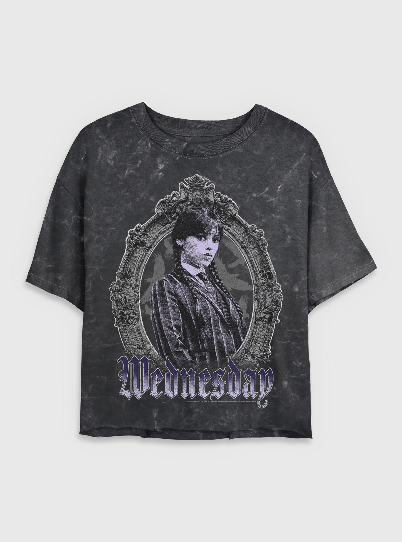 Wednesday In A Frame Girls Mineral Wash Crop T-Shirt Hot Topic Exclusive, BLACK, hi-res