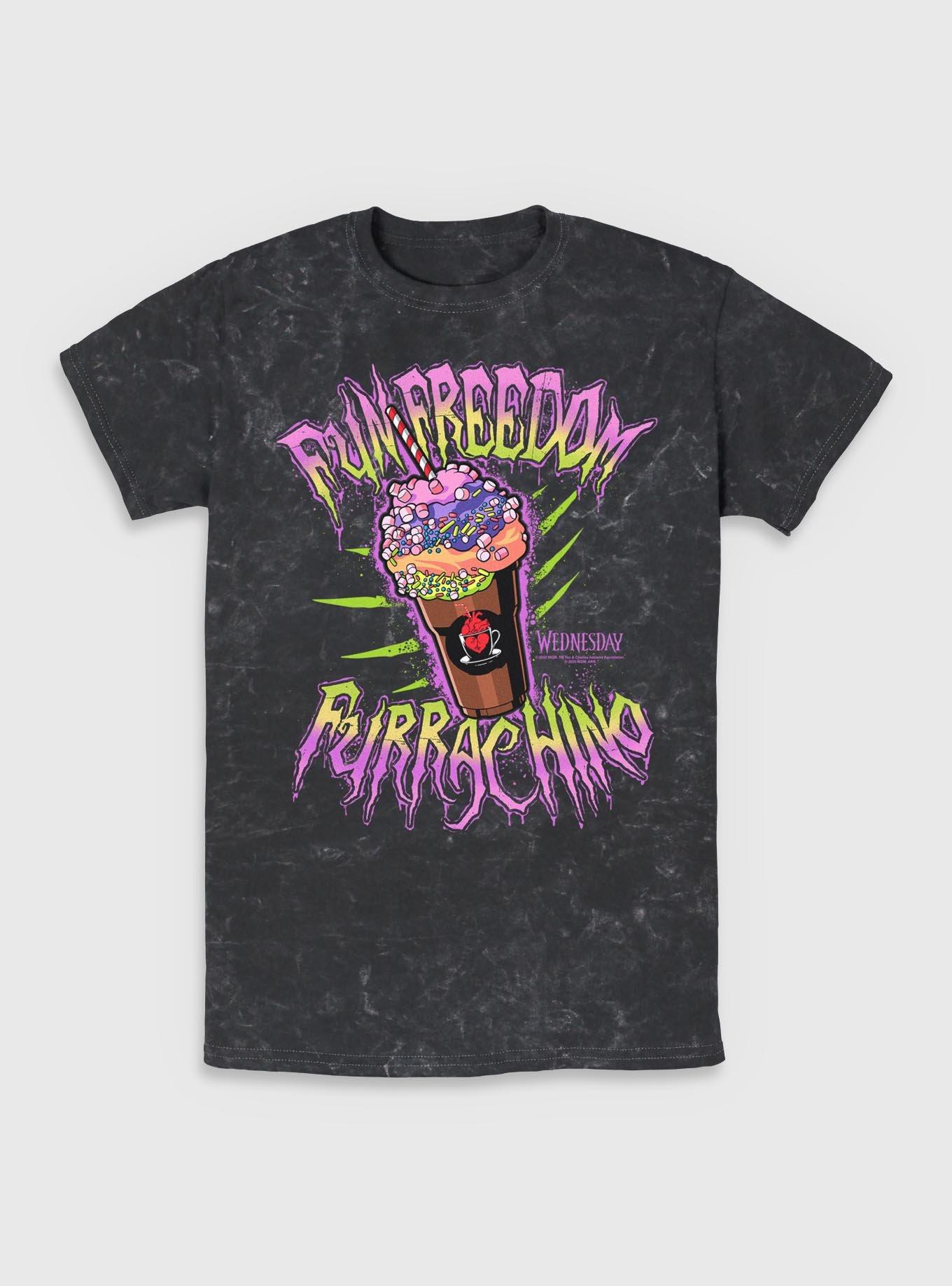 Wednesday Furrachino Mineral Wash T-Shirt Hot Topic Exclusive, BLACK, hi-res