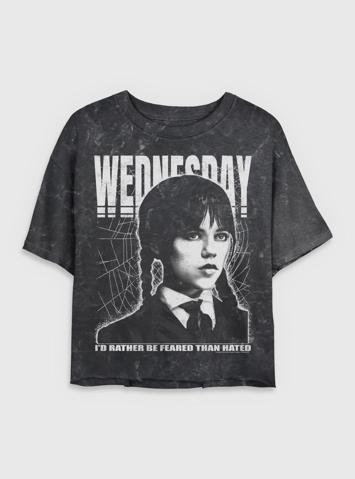 Wednesday Portrait Girls Mineral Wash Crop T-Shirt Hot Topic Exclusive, BLACK, hi-res
