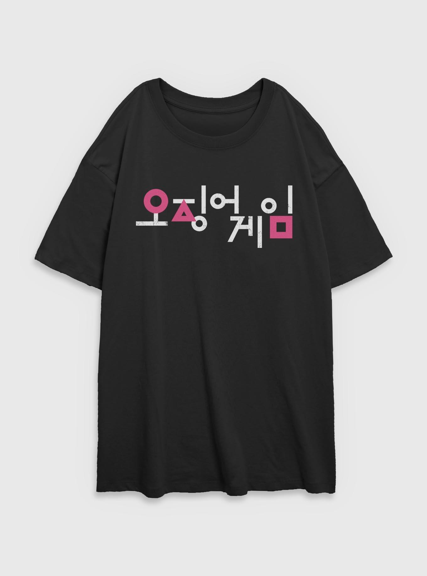 Squid Game Korean Title Logo Girls Oversized T-Shirt, BLACK, hi-res
