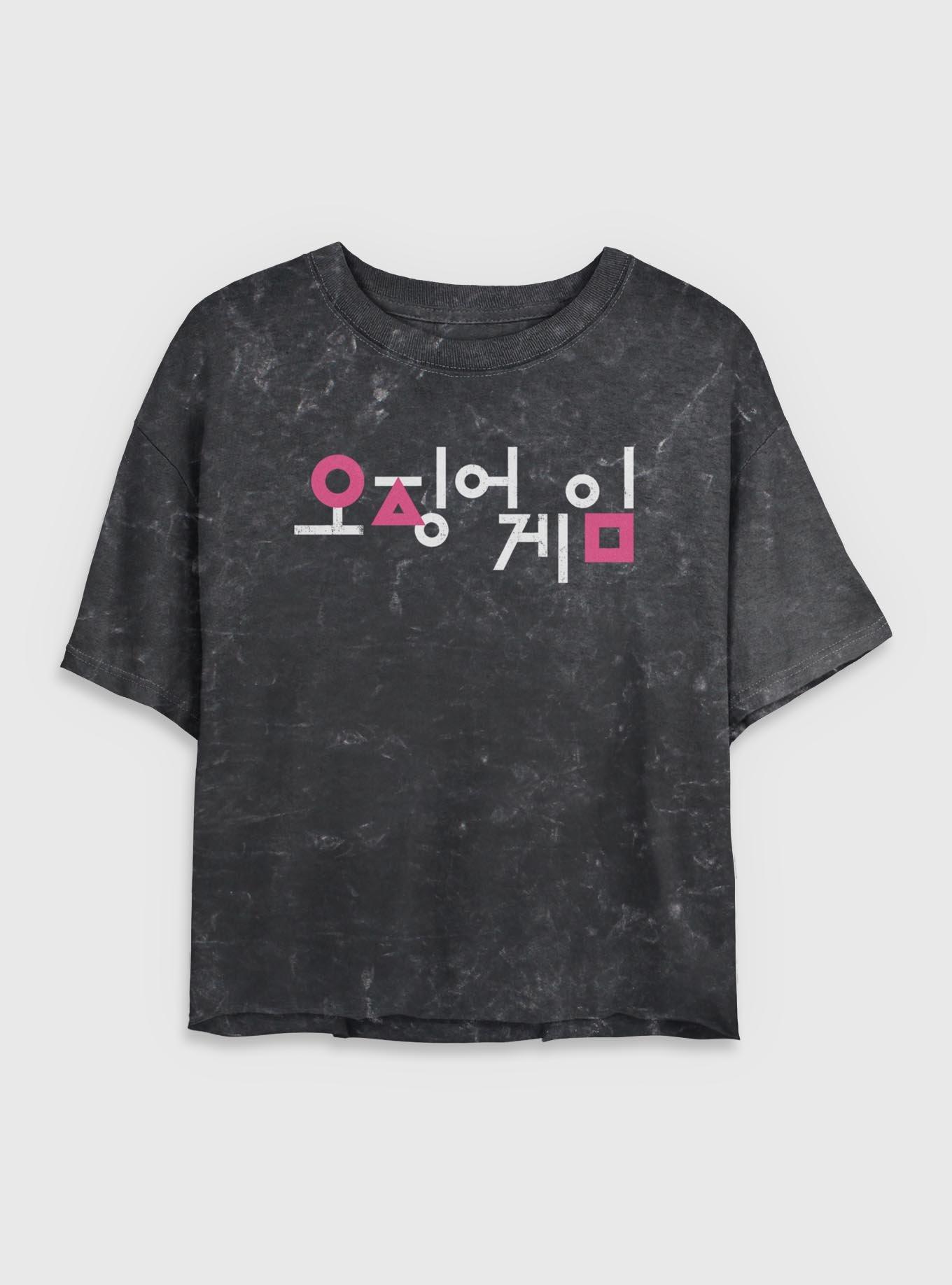 Squid Game Korean Title Logo Girls Mineral Wash Crop T-Shirt, BLACK, hi-res