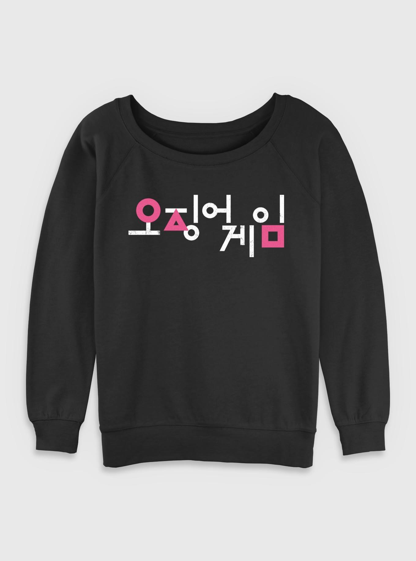 Squid Game Korean Title Logo Girls Slouchy Sweatshirt, BLACK, hi-res