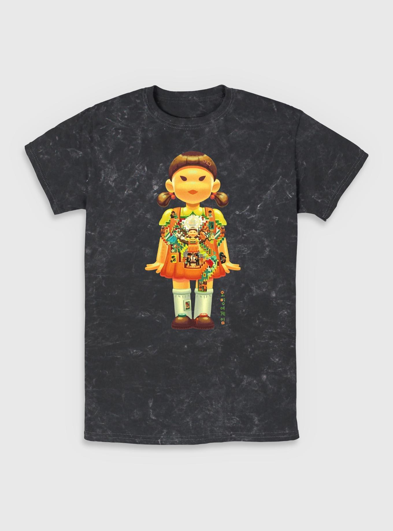 Squid Game Girl Doll Labyrinth Mineral Wash T-Shirt, BLACK, hi-res