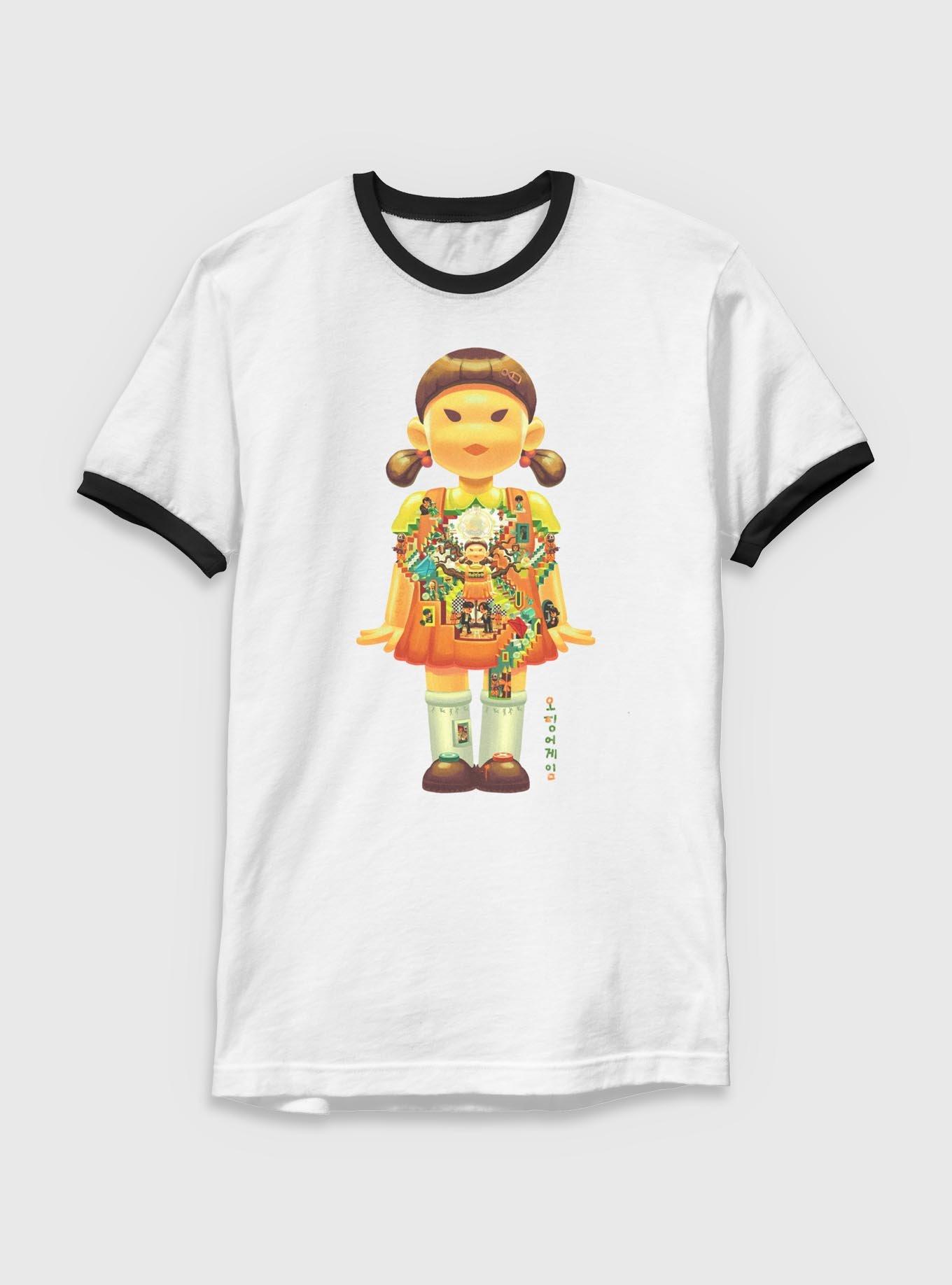 Squid Game Girl Doll Labyrinth Ringer T-Shirt, WHTBLK, hi-res