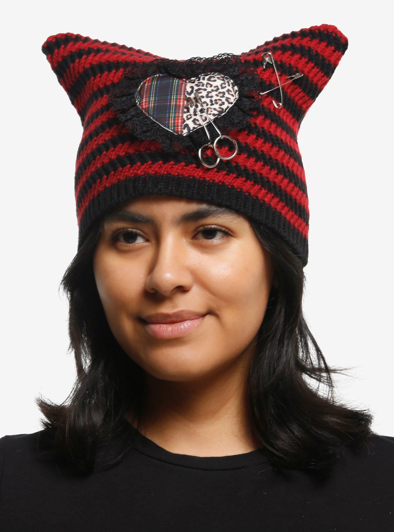 Black & Red Stripe Heart Patch Subtle Ear Beanie, , hi-res