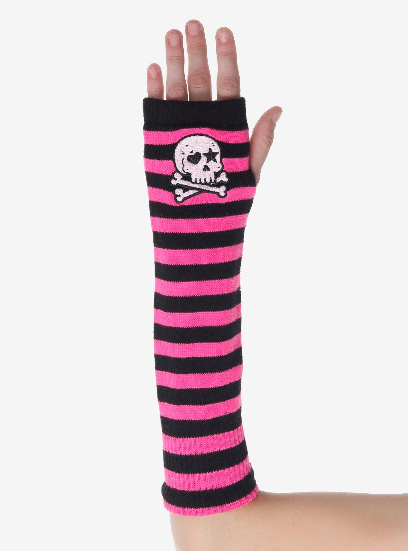 Pink & Black Stripe Skull & Crossbones Arm Warmers, , hi-res