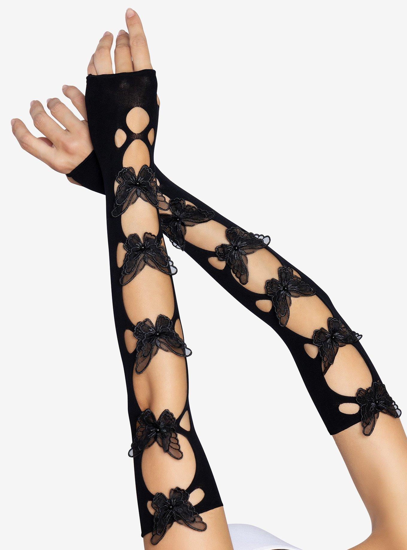 Opaque Net Cut-Out Butterfly Applique Arm Warmers, , hi-res