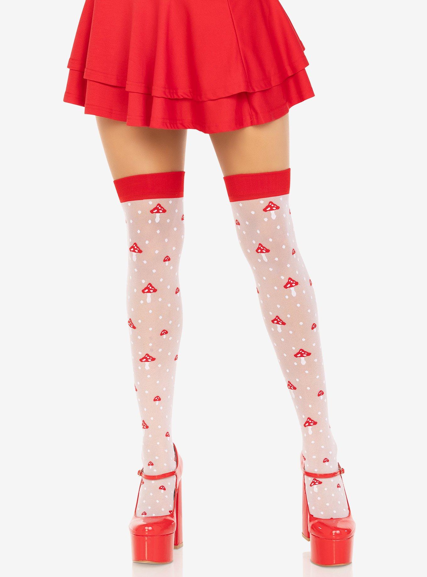 Spandex Sheer Polka Dot Mushroom Thigh Highs, , hi-res