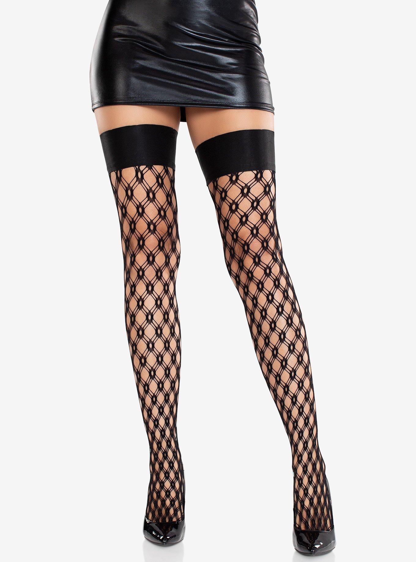 Eyelet Net Thigh Highs with Satin Elastic Top, , hi-res