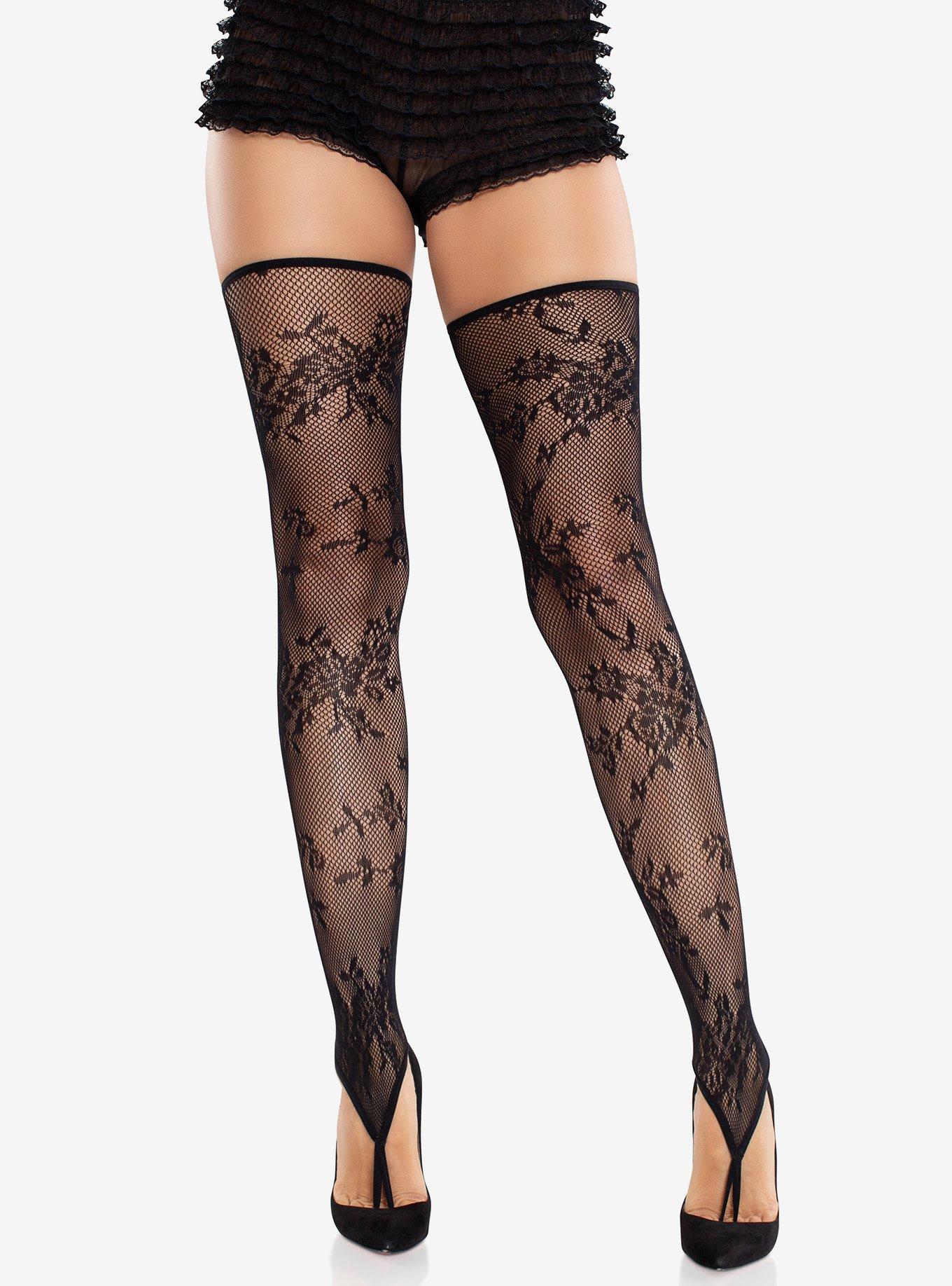 Floral Net Toe Loop Footless Thigh Highs, , hi-res
