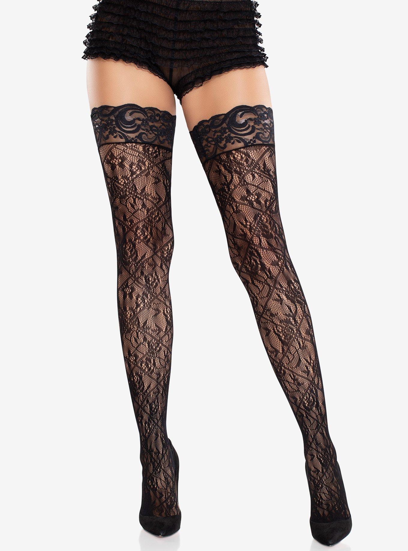 Stay-Up Lace Top Cross Hatch Floral Lace Thigh Highs, , hi-res