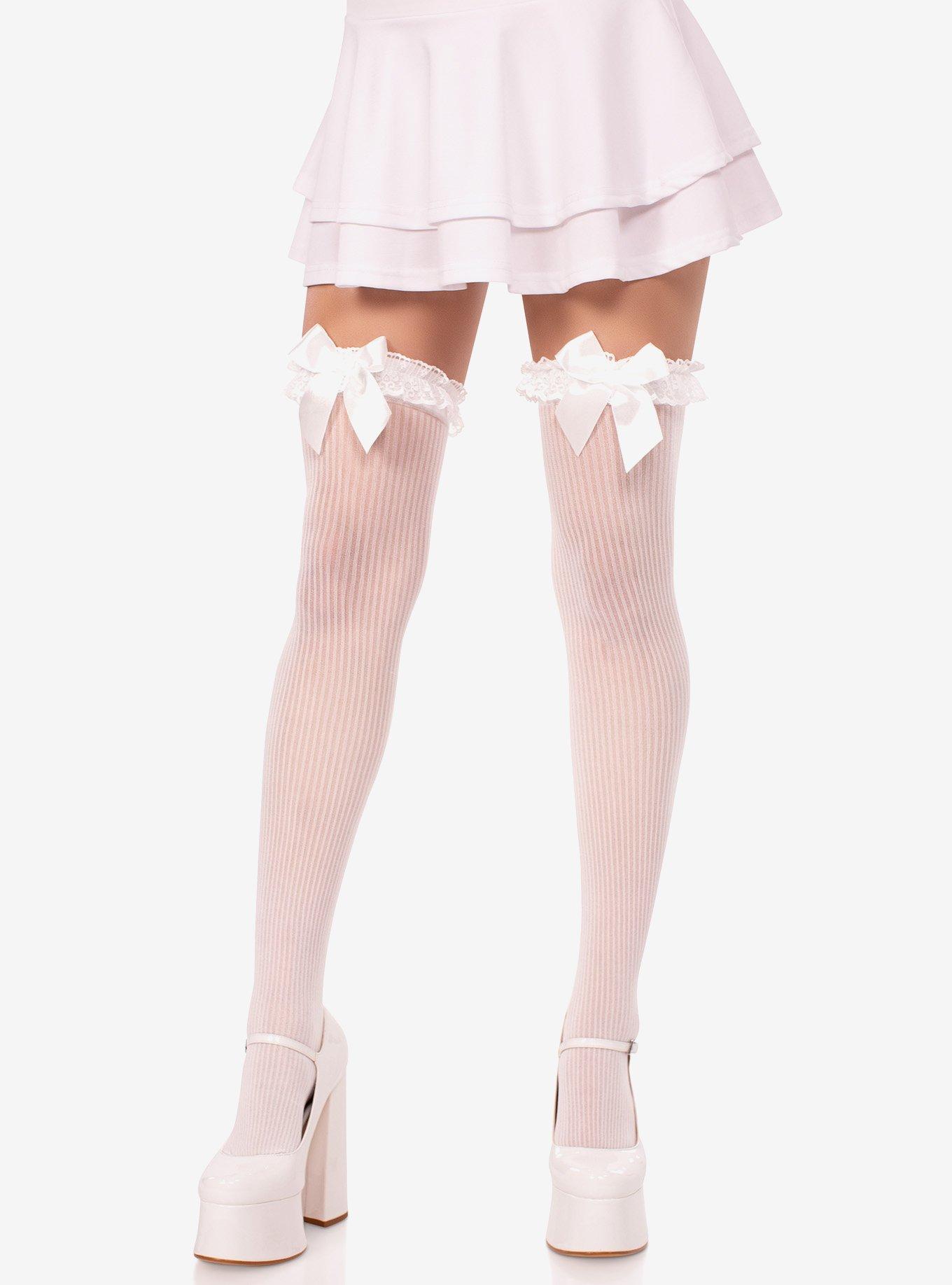 Lace Garter Sheer Striped Thigh Highs with Satin Bow Accent, , hi-res