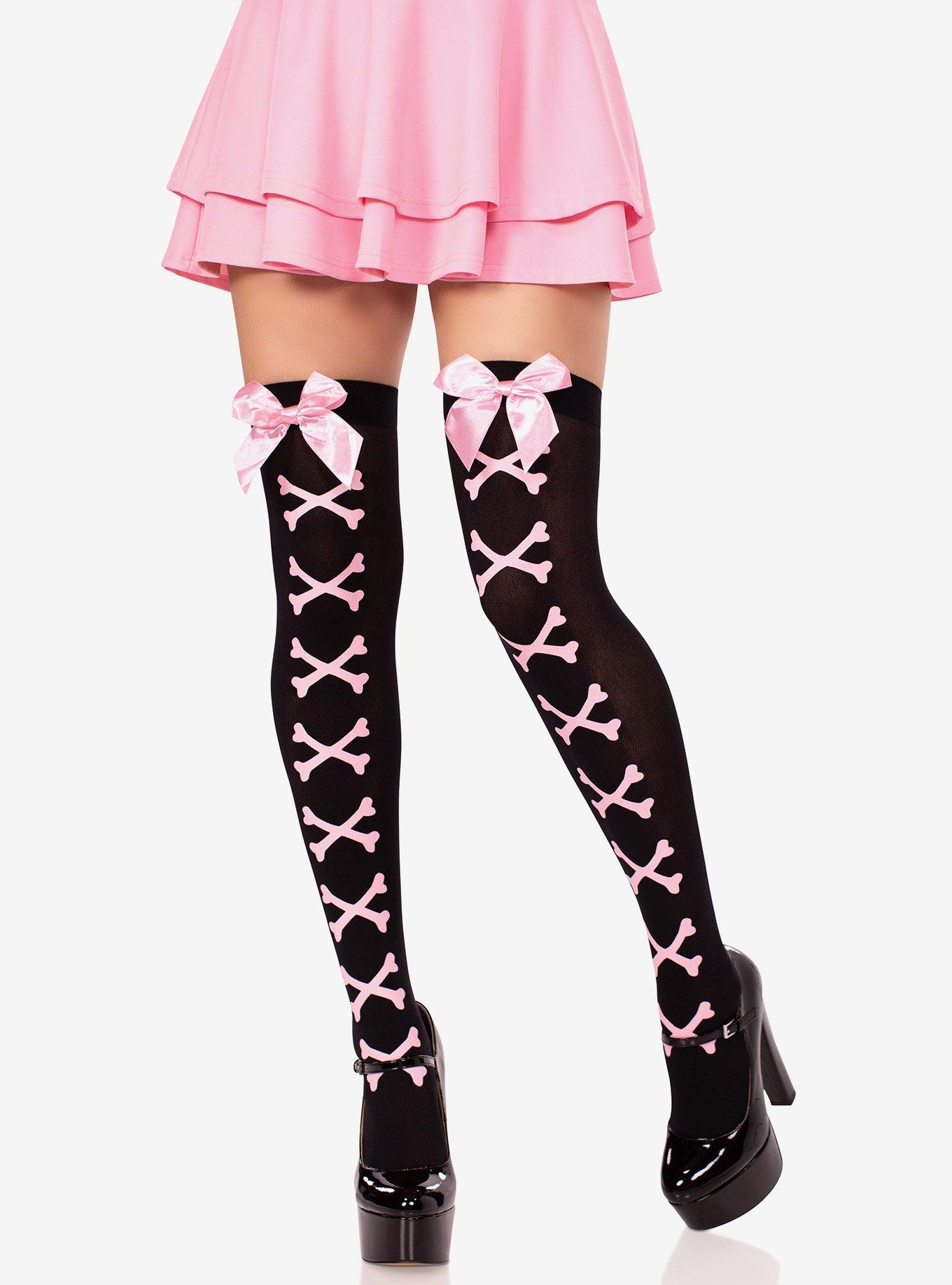 Opaque Cross Bone Thigh Highs with Satin Bow Accent, , hi-res