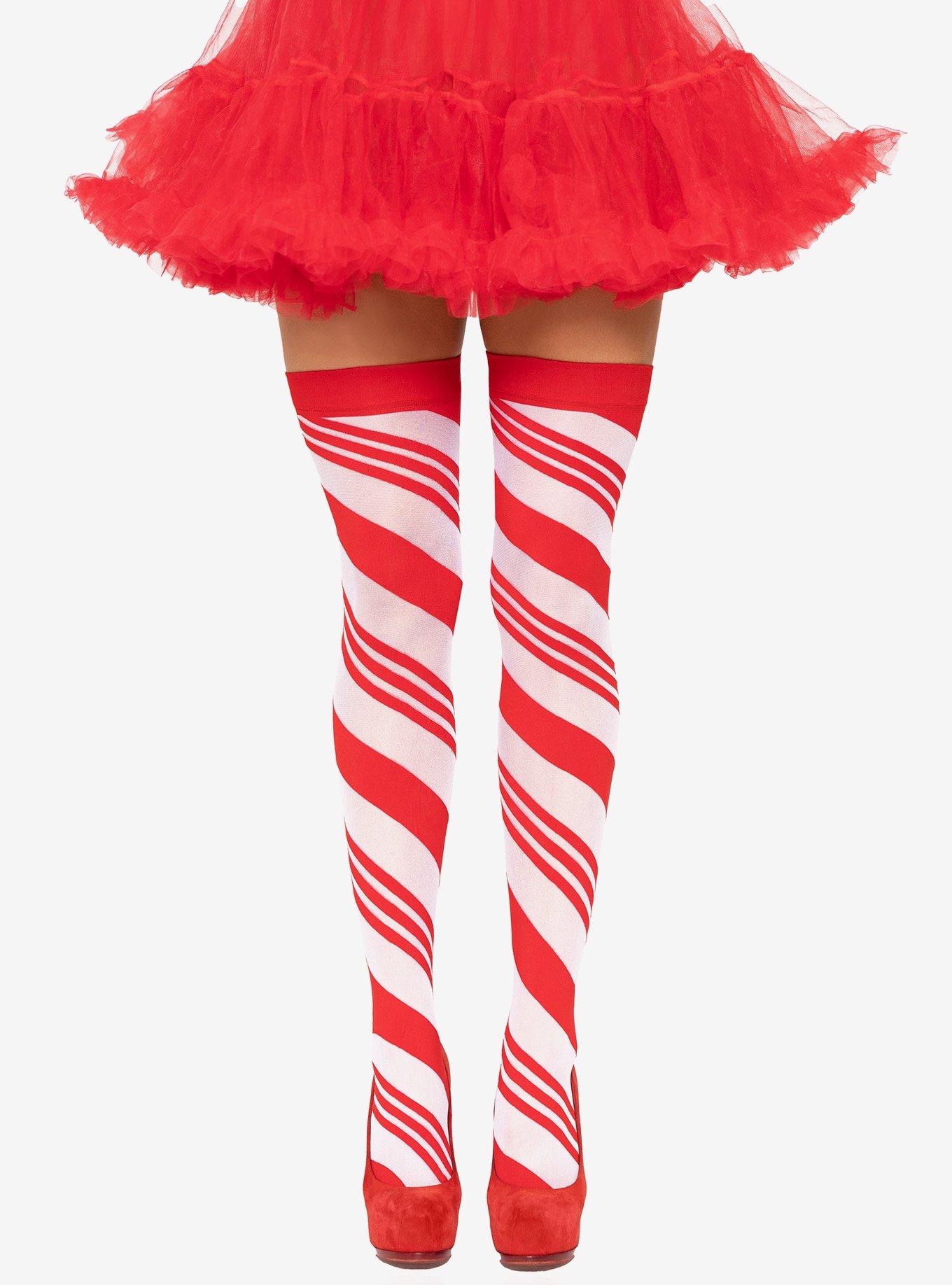 Spandex Sheer Candy Cane Striped Thigh Highs, , hi-res