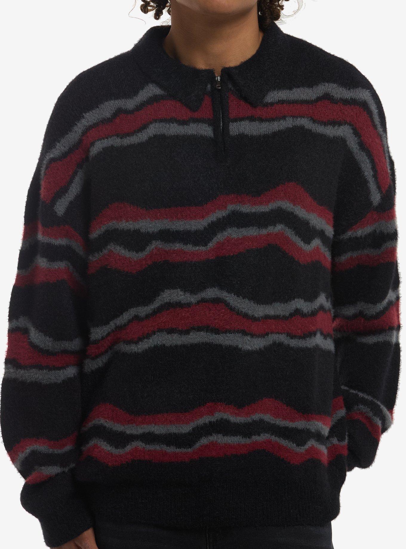 Black Red & Grey Warped Stripe Sweater, , hi-res