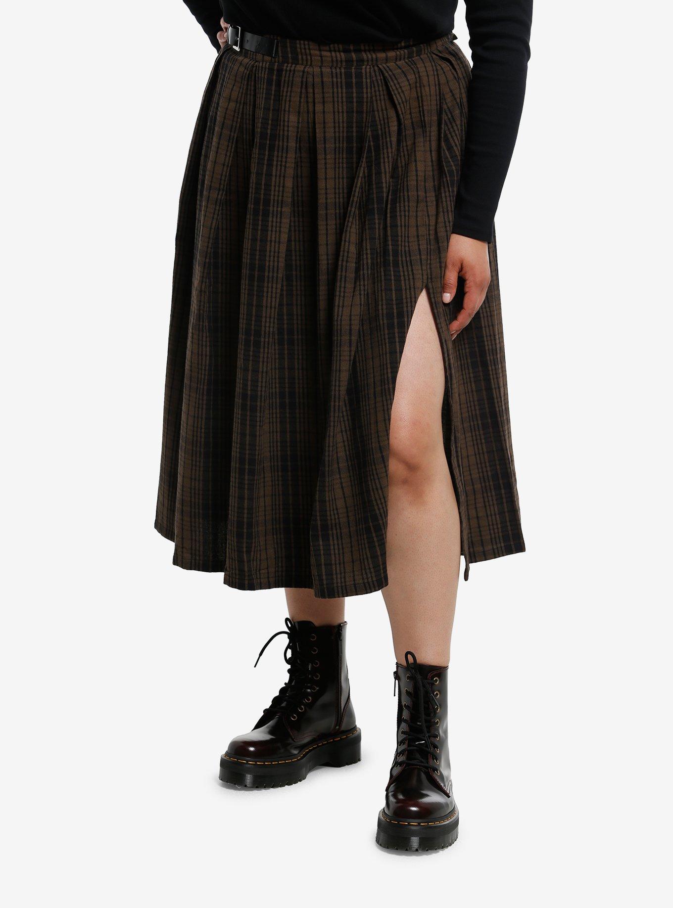 Thorn & Fable Brown & Black Plaid Midi Skirt Plus Size, , hi-res