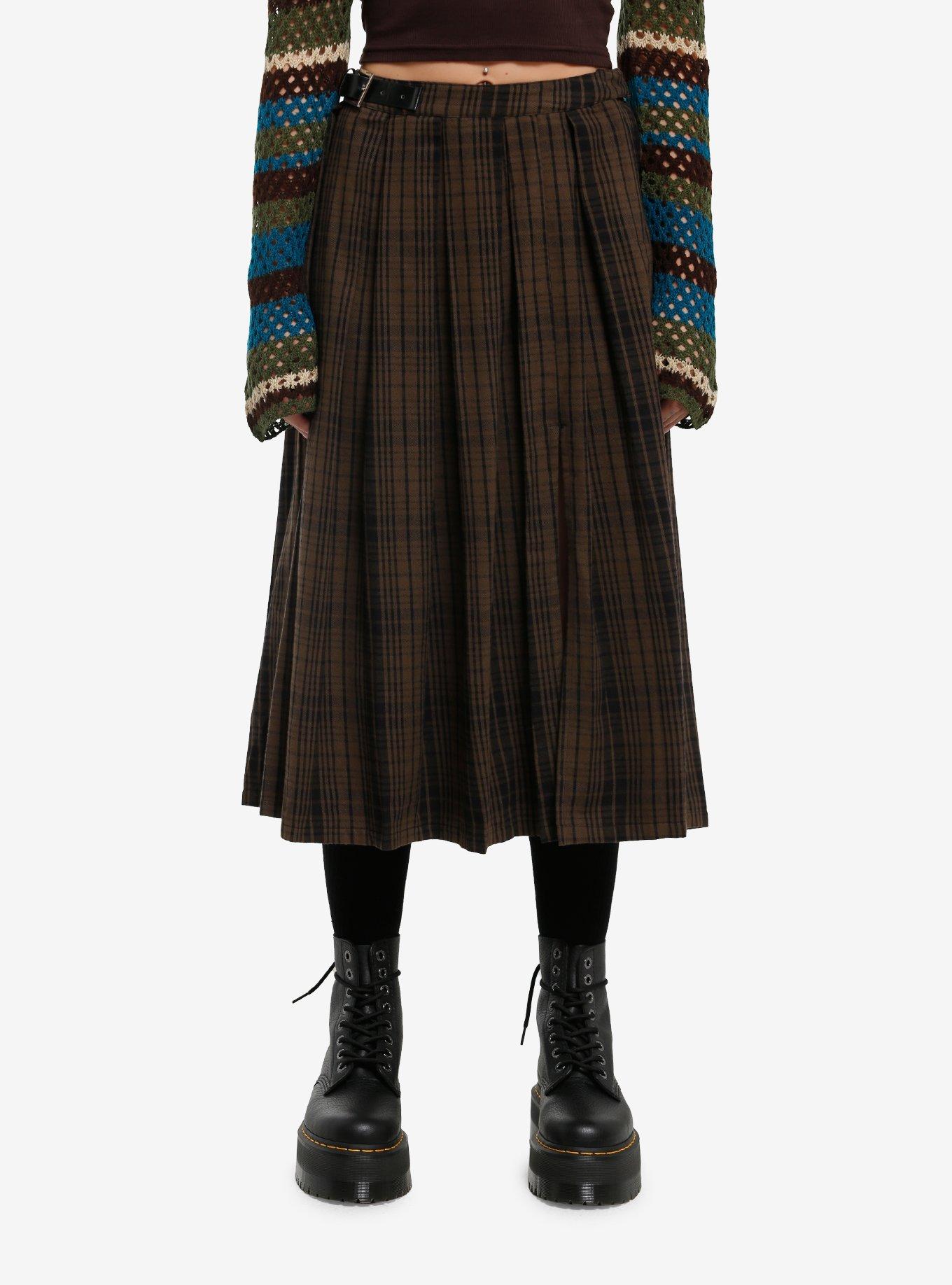 Thorn & Fable Brown & Black Plaid Midi Skirt, , hi-res
