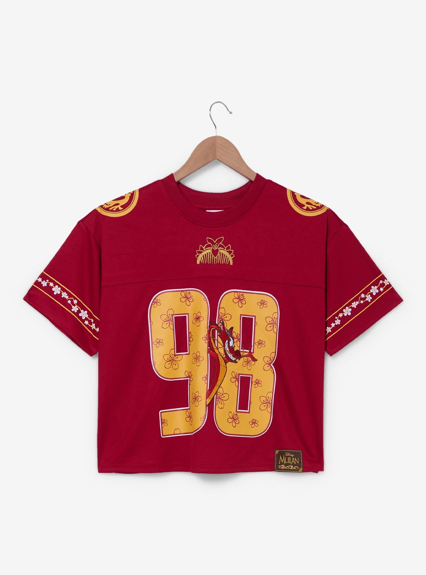ミューラル　Framed embroidered jersey tops Disney Mulan Mushu Women's Cropped Football Jersey — BoxLunch