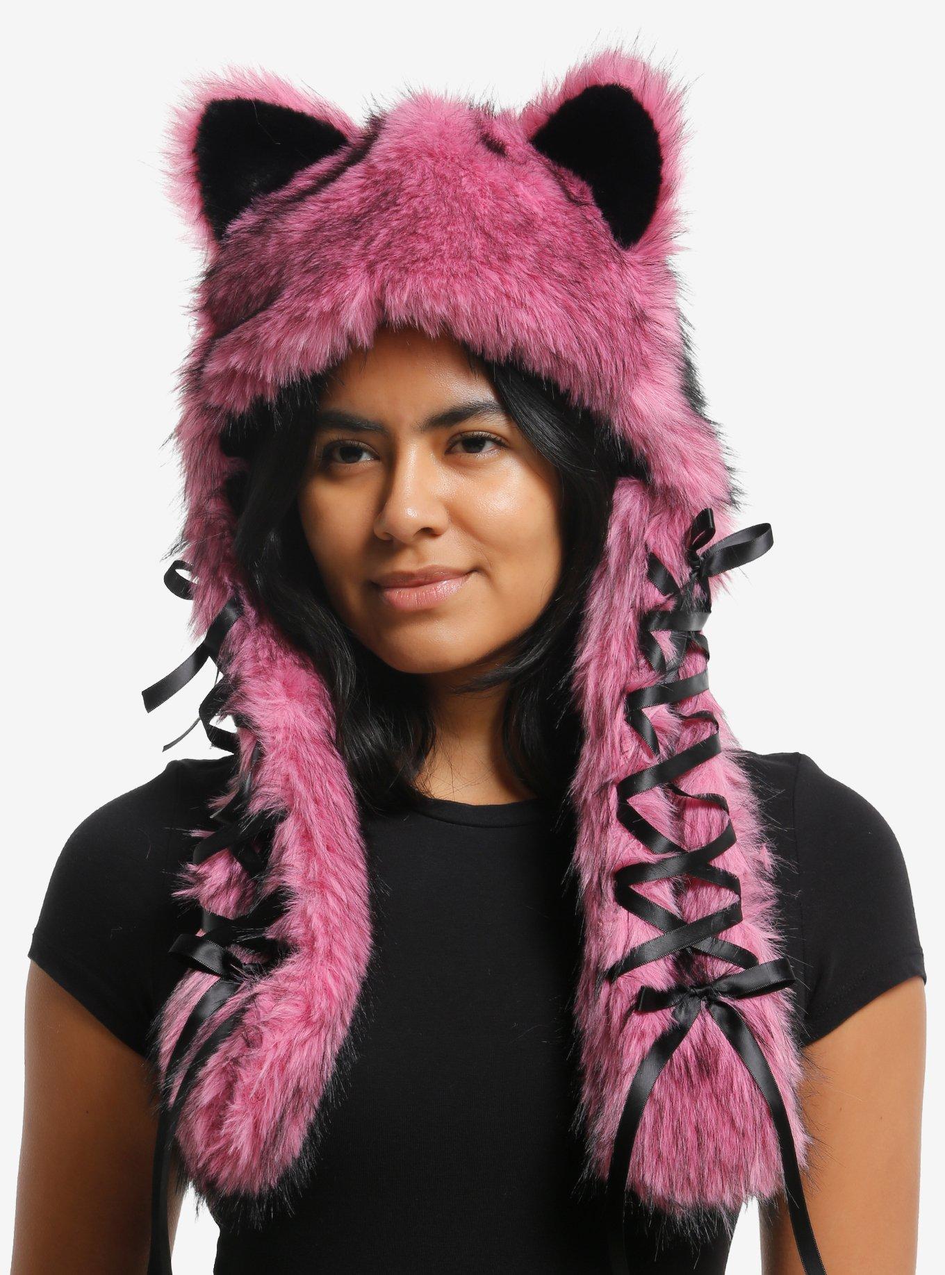 Pink & Black 3D Ear Fuzzy Tassel Beanie, , hi-res