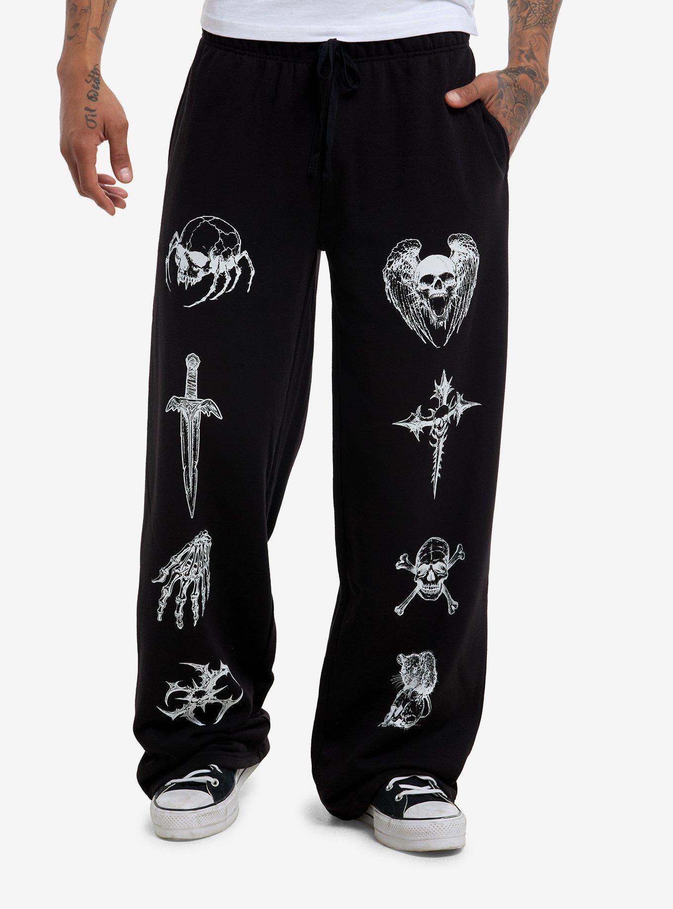 Black & White Skull Cross Straight Leg Jogger Sweatpants, , hi-res