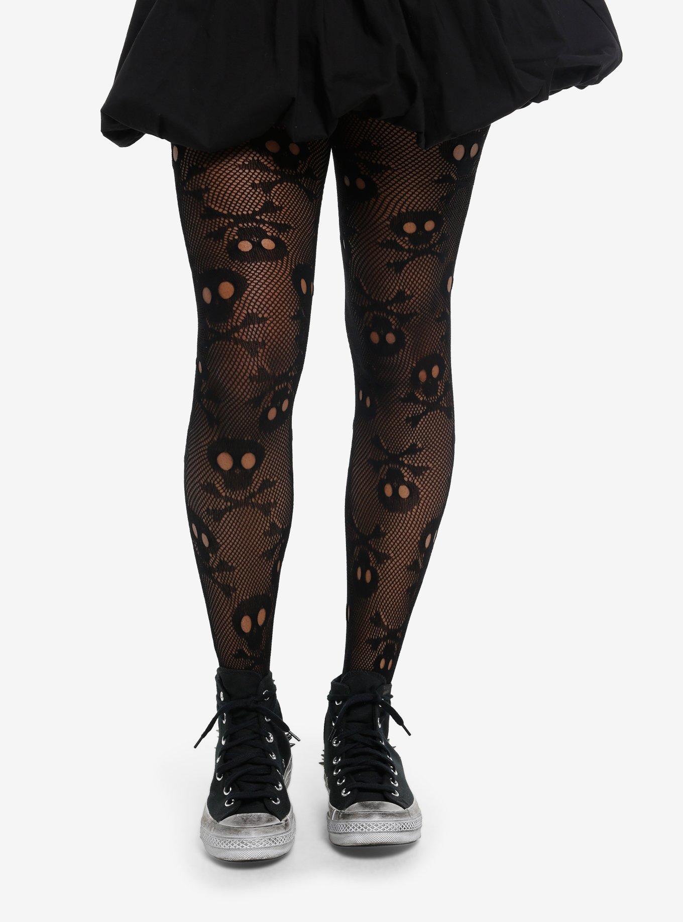 Leg Avenue Black Skull & Crossbones Fishnet Tights, , hi-res