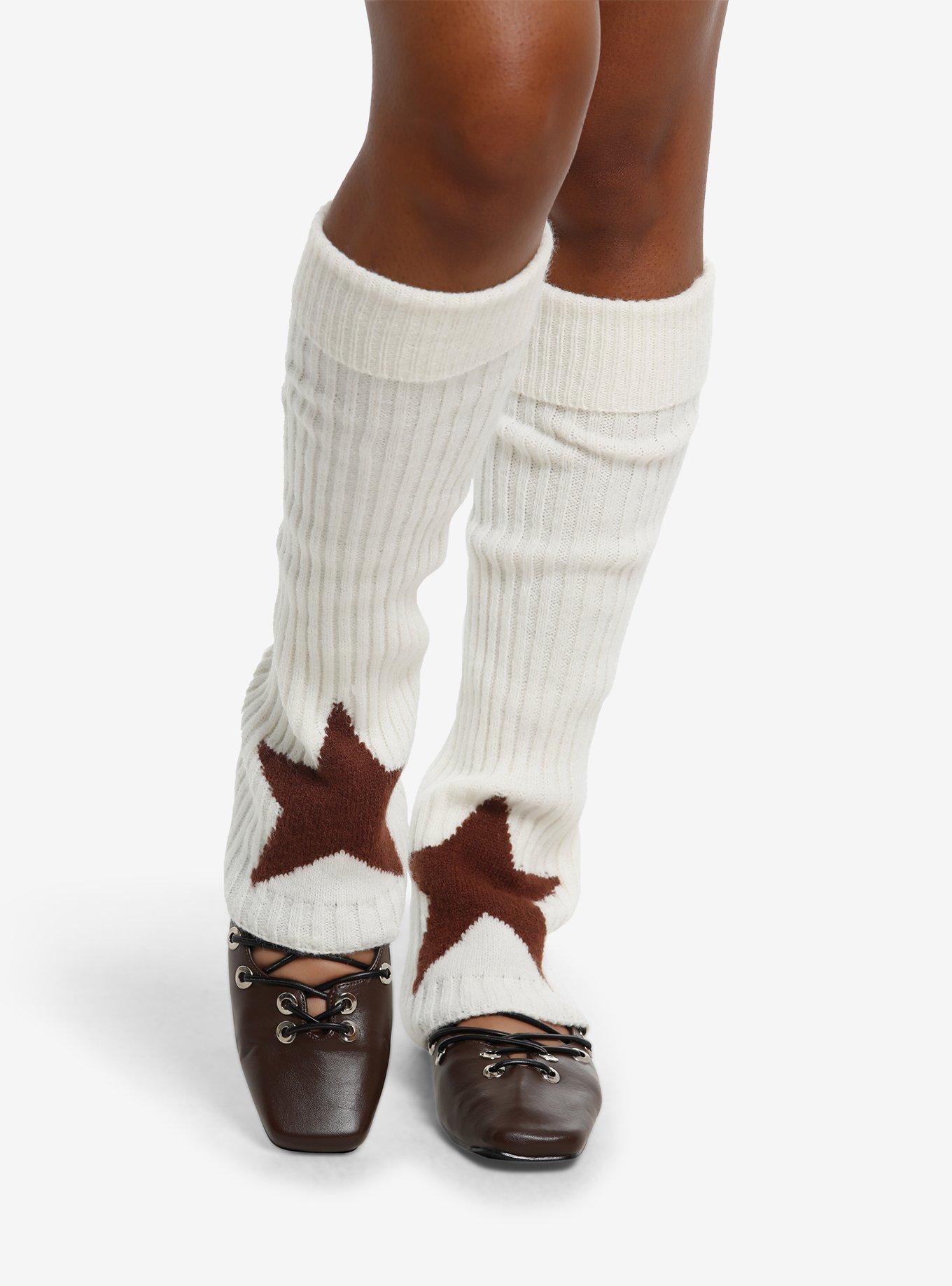 Cream & Brown Star Flare Leg Warmers, , hi-res