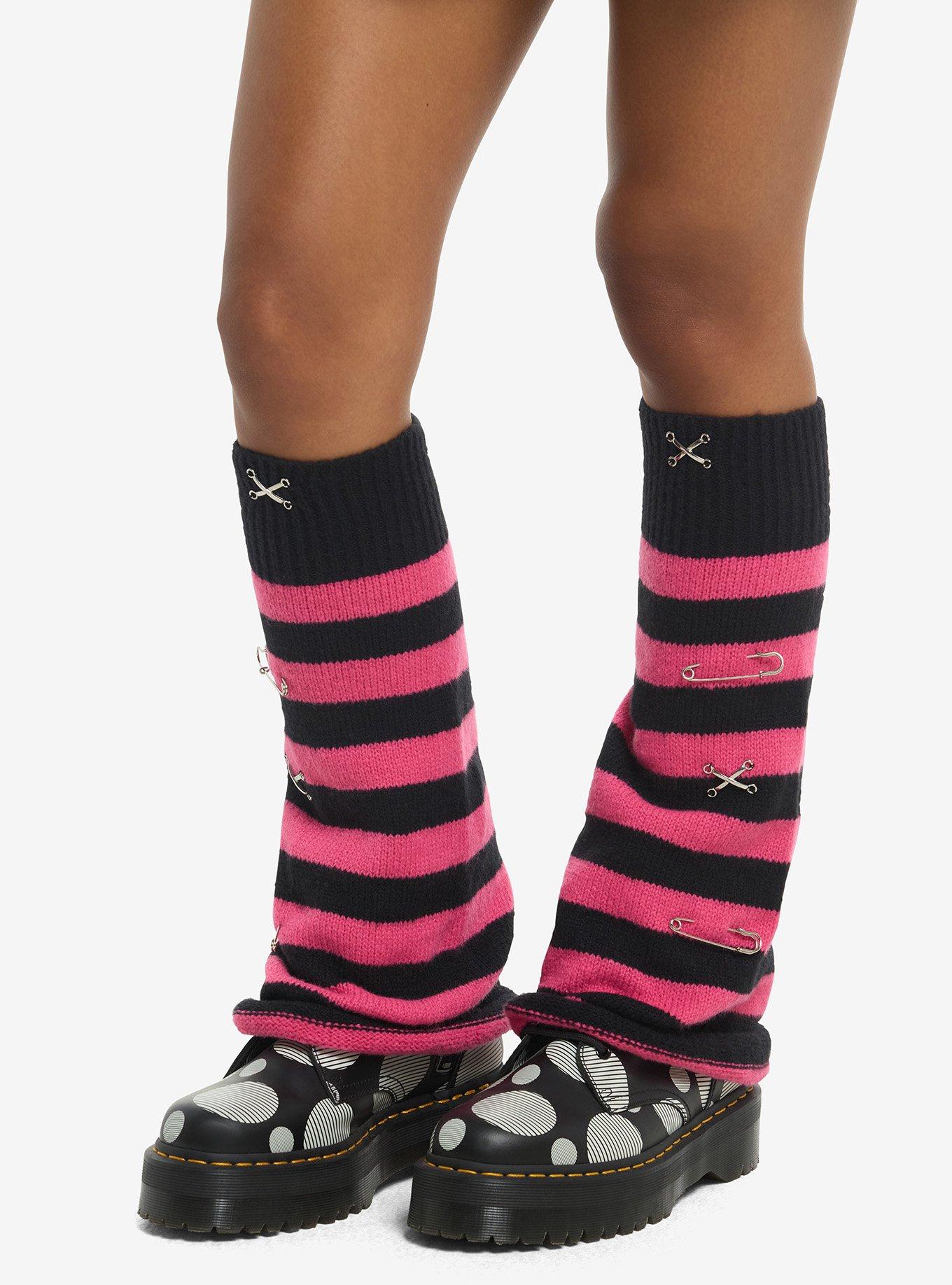 Pink & Black Stripe Safety Pin Flare Leg Warmers, , hi-res