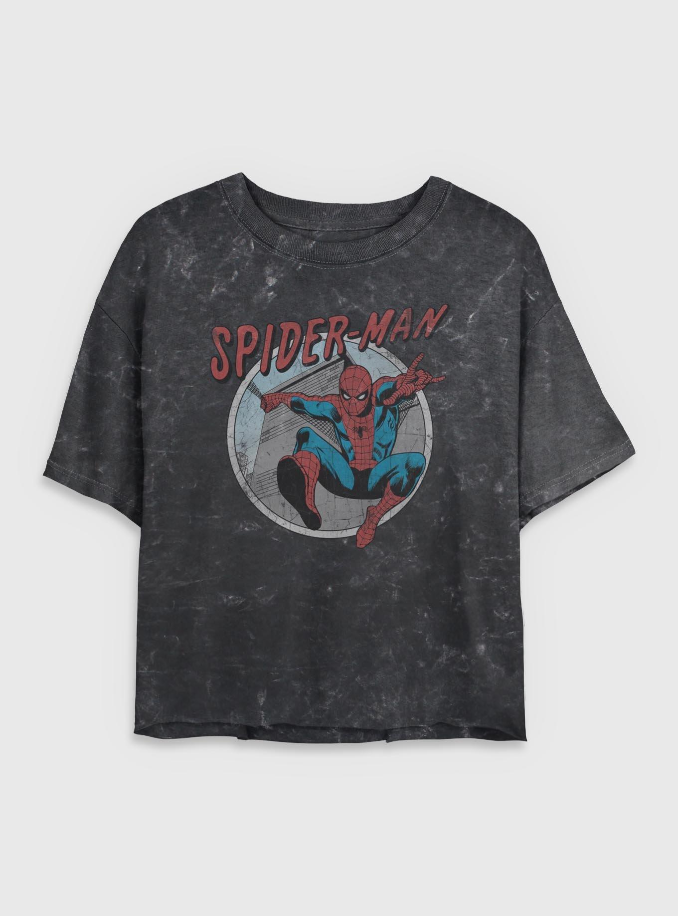 Marvel Spider-Man Retro Girls Mineral Wash Crop T-Shirt, BLACK, hi-res