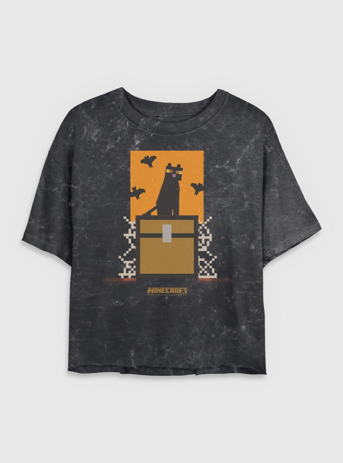 Minecraft Cat And Bats Girls Mineral Wash Crop T-Shirt, BLACK, hi-res
