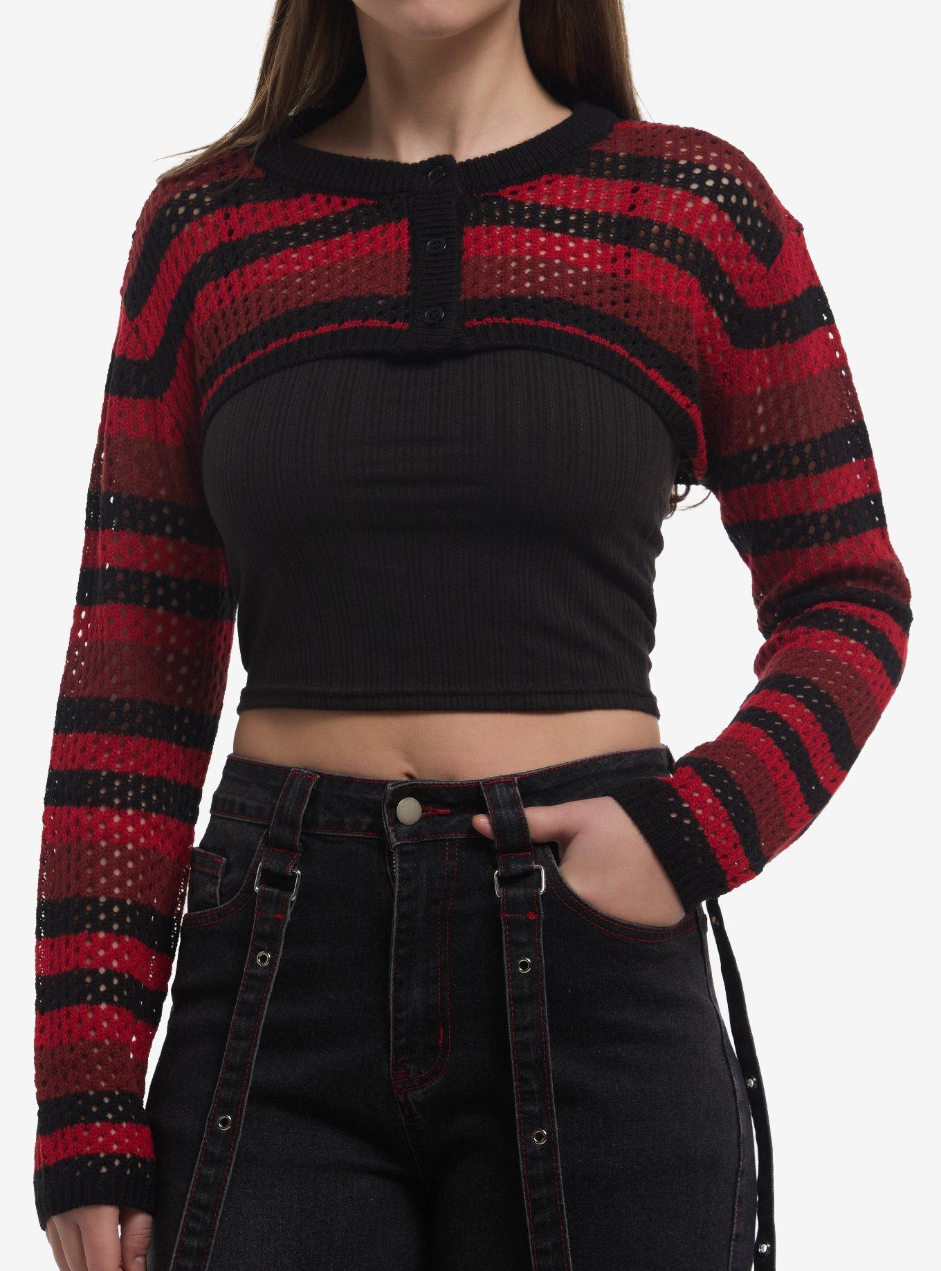 Black & Red Stripe Girls Knit Shrug, , hi-res