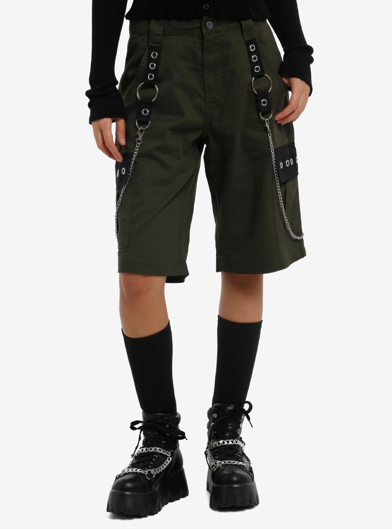 Social Collision Olive Green Grommet Chain Suspender Cargo Shorts