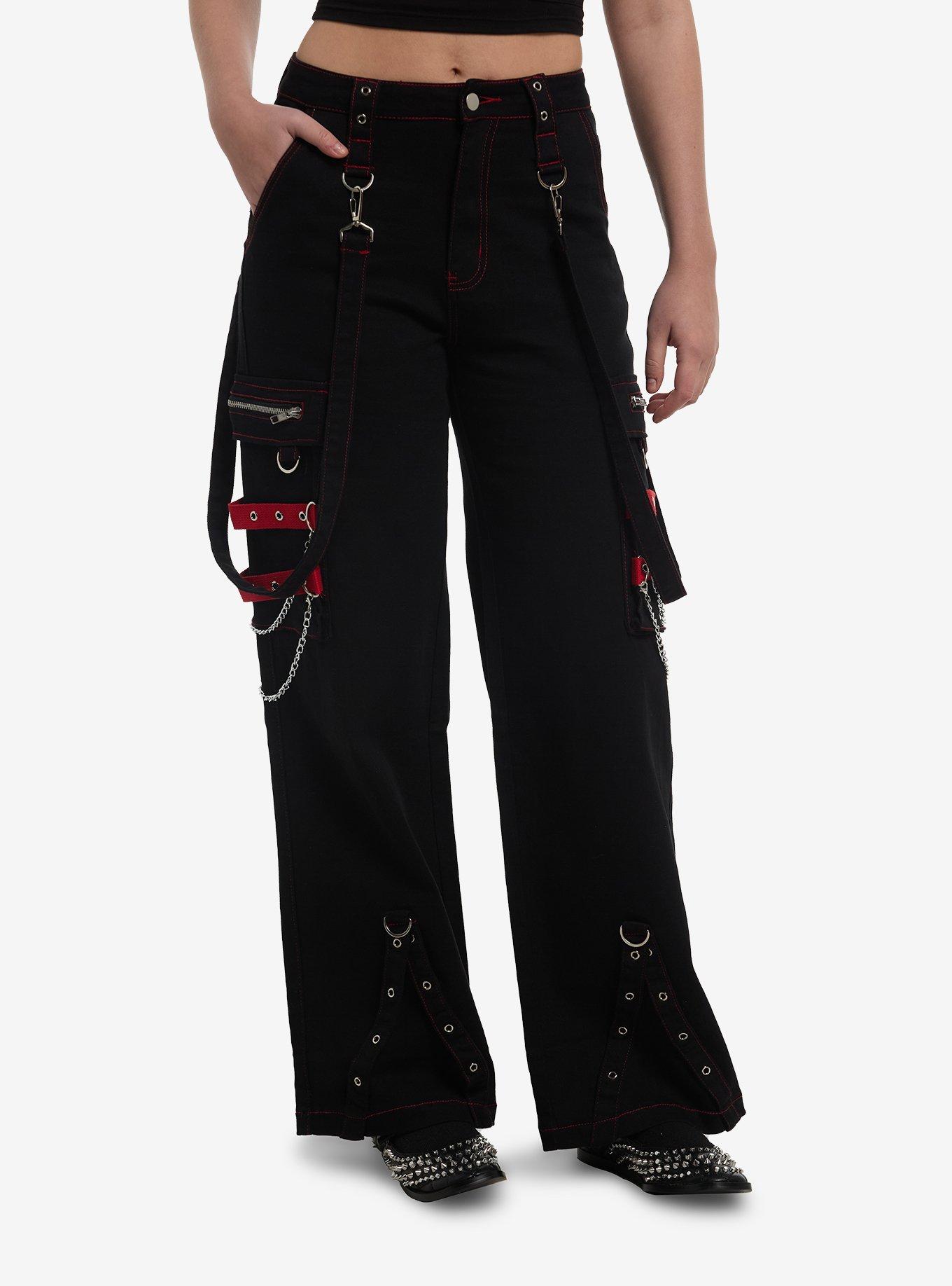 Black & Red Grommet & Chain Suspender Girls Wide Leg Jeans | Hot Topic