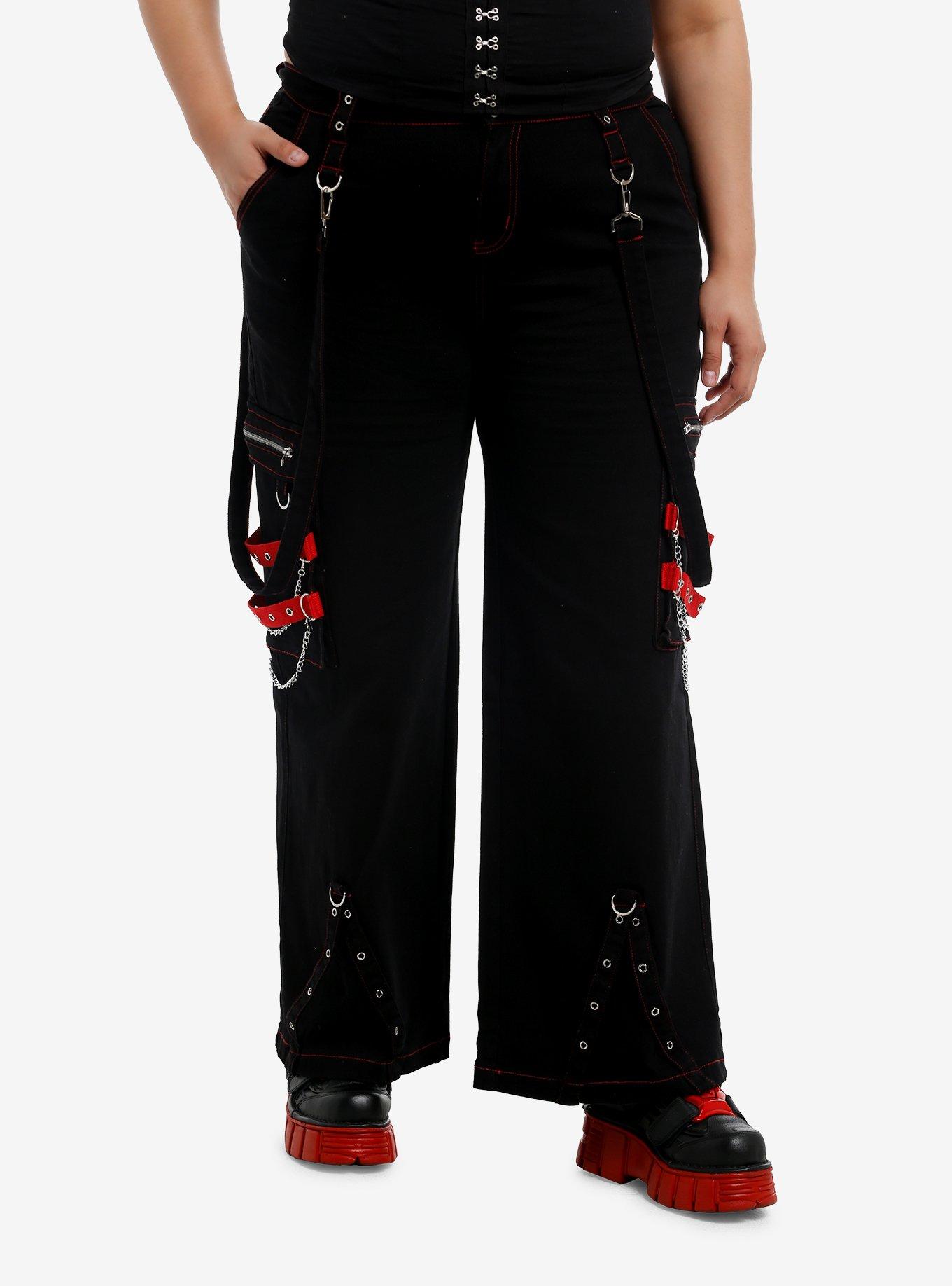 Black & Red Grommet & Chain Suspender Girls Wide Leg Jeans Plus Size, , hi-res