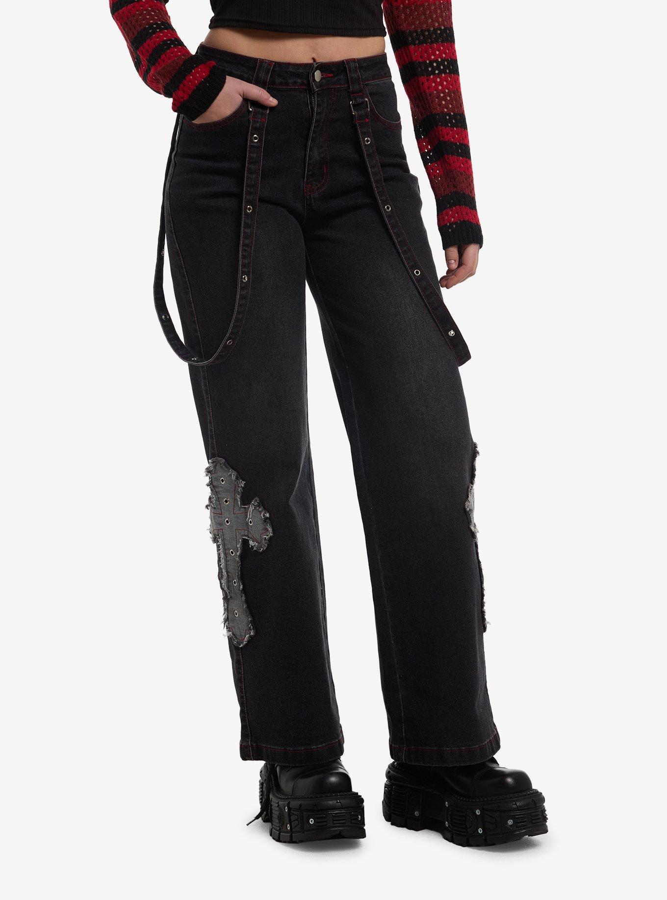 Black Faded Cross Patch Suspender Girls Wide Leg Jeans, , hi-res