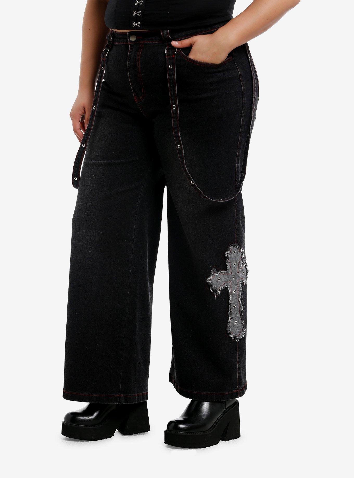 Black Faded Cross Patch Suspender Girls Wide Leg Jeans Plus Size, , hi-res