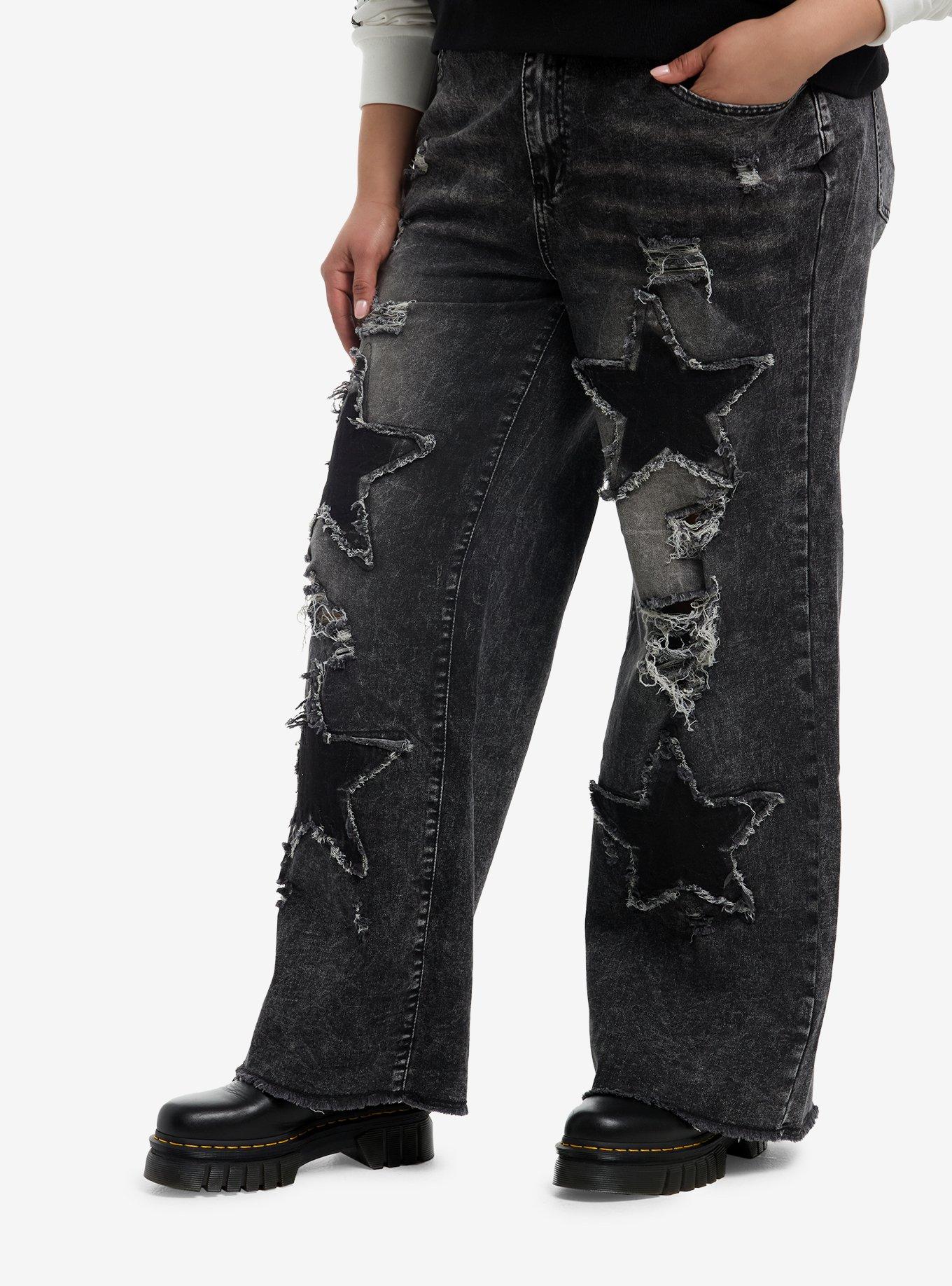 Grey & Black Frayed Star Girls Wide Leg Jeans Plus Size, , hi-res