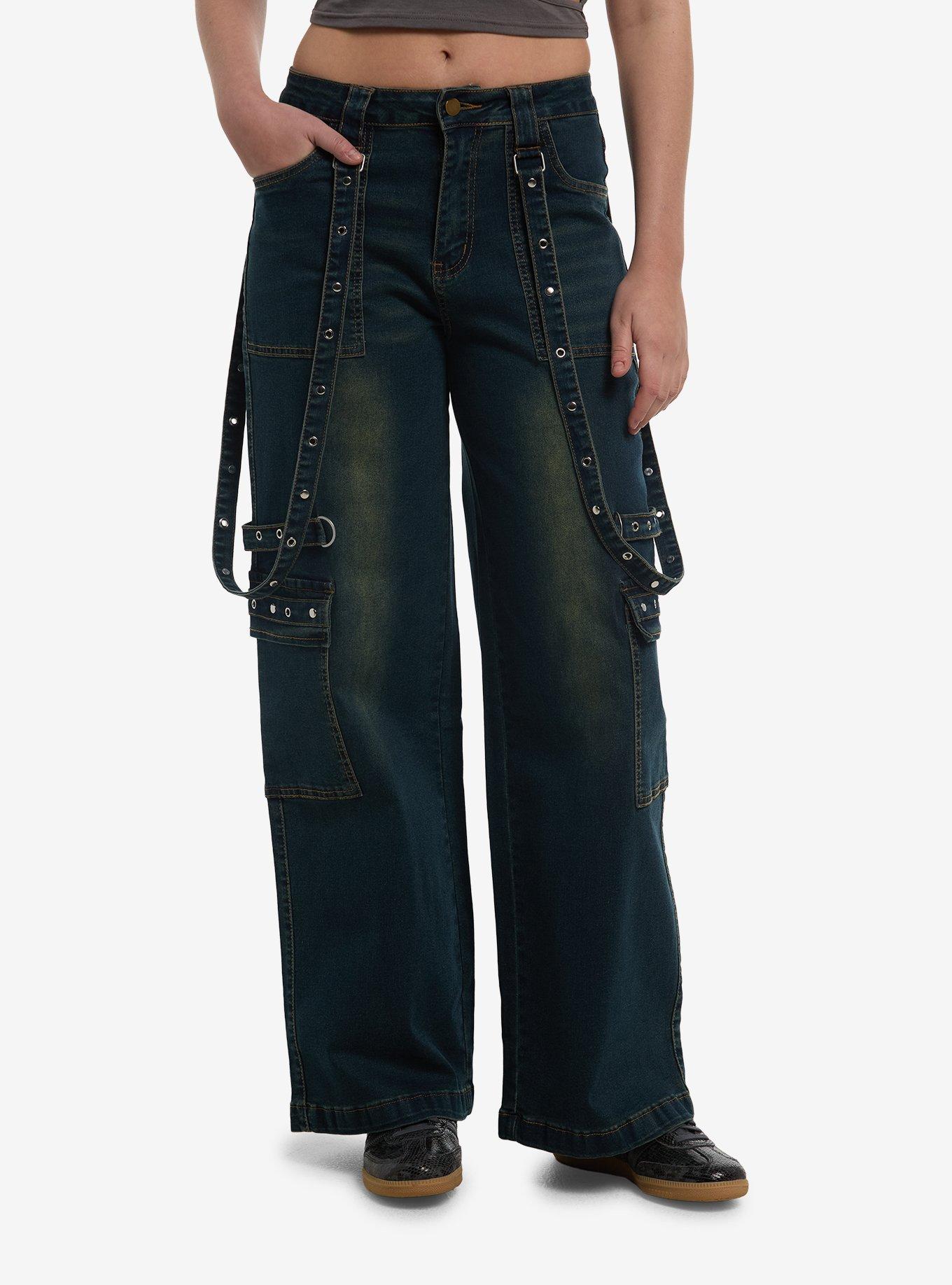 Dark Denim Grommet Suspender Wide Leg Cargo Jeans, , hi-res