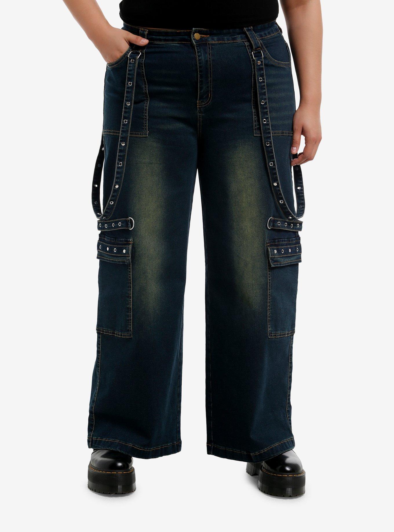 Dark Denim Grommet Suspender Wide Leg Cargo Jeans Plus Size, , hi-res