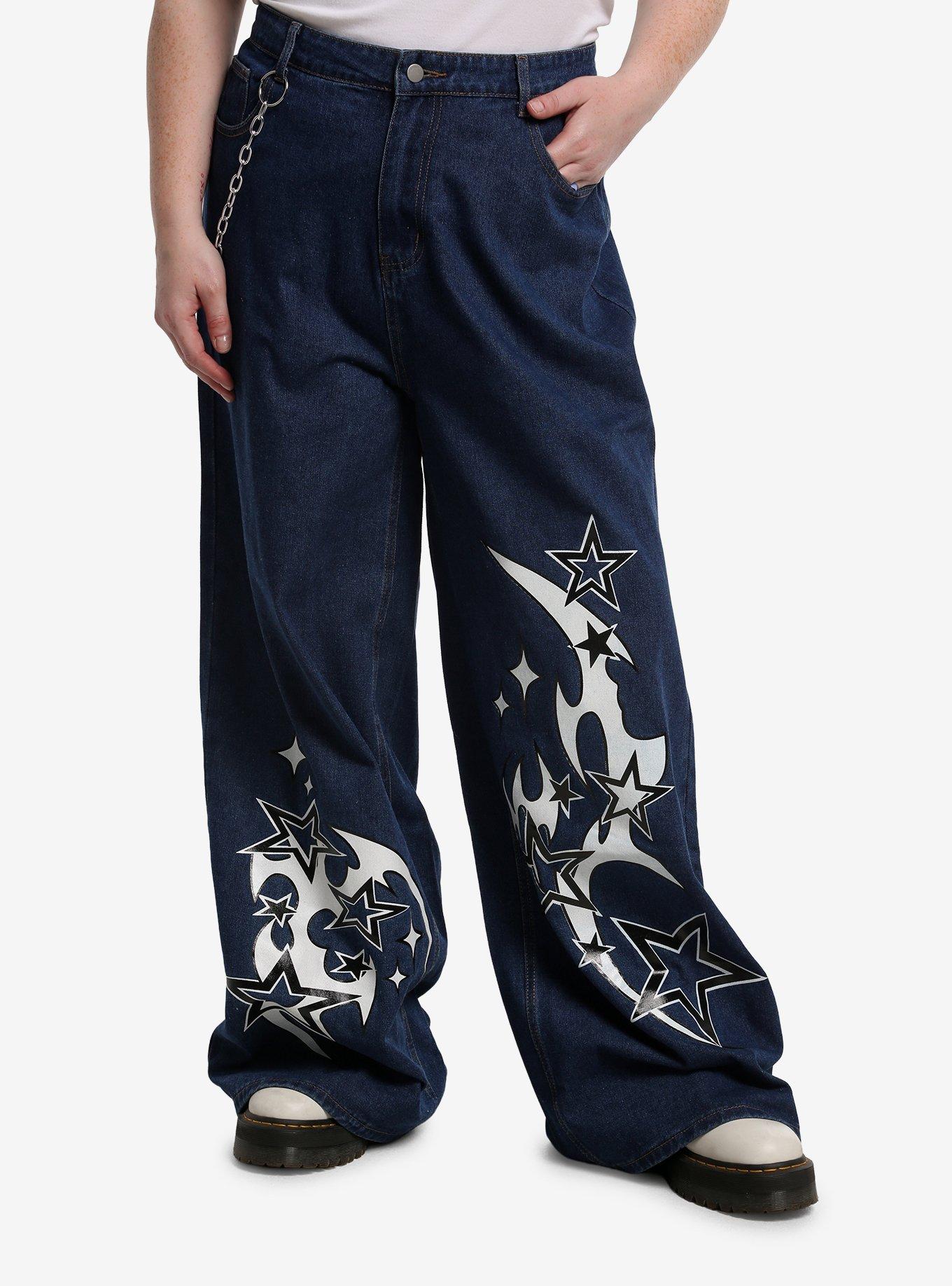 Dark Denim Star Sigil Jeans With Side Chain Plus Size, , hi-res