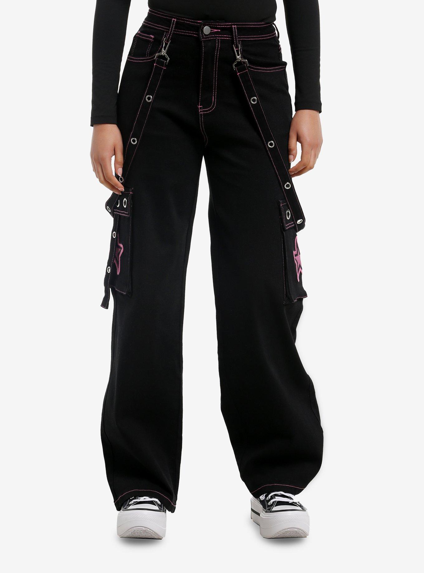 Black & Pink Star Suspender Cargo Pants, , hi-res