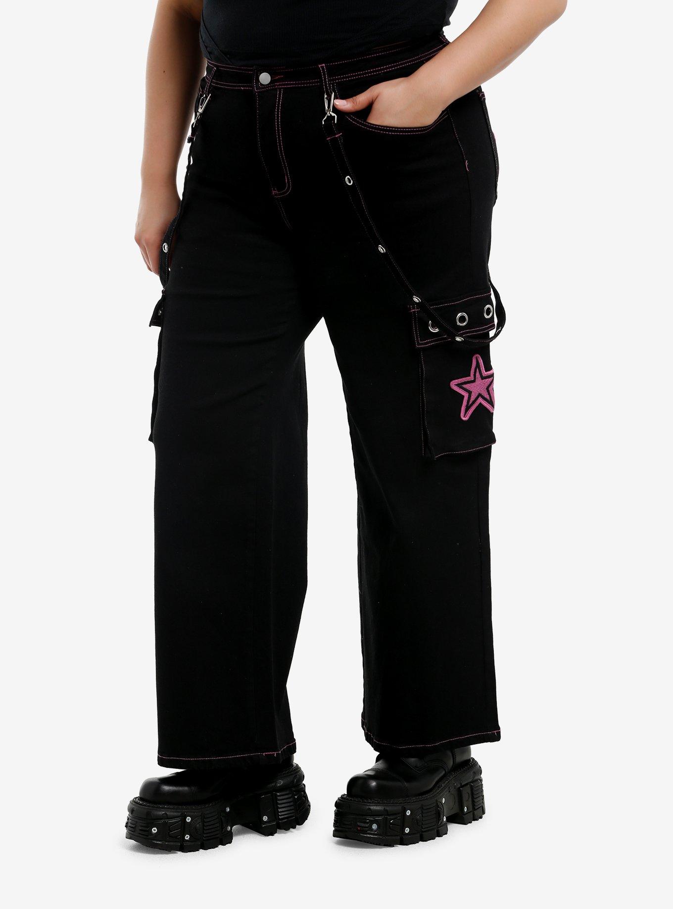 Black & Pink Star Suspender Cargo Pants Plus Size, , hi-res