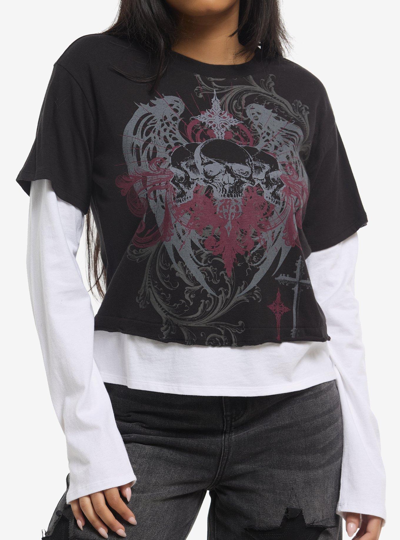 Social Collision Winged Skull & Cross Girls Twofer Long-Sleeve T-Shirt, , hi-res