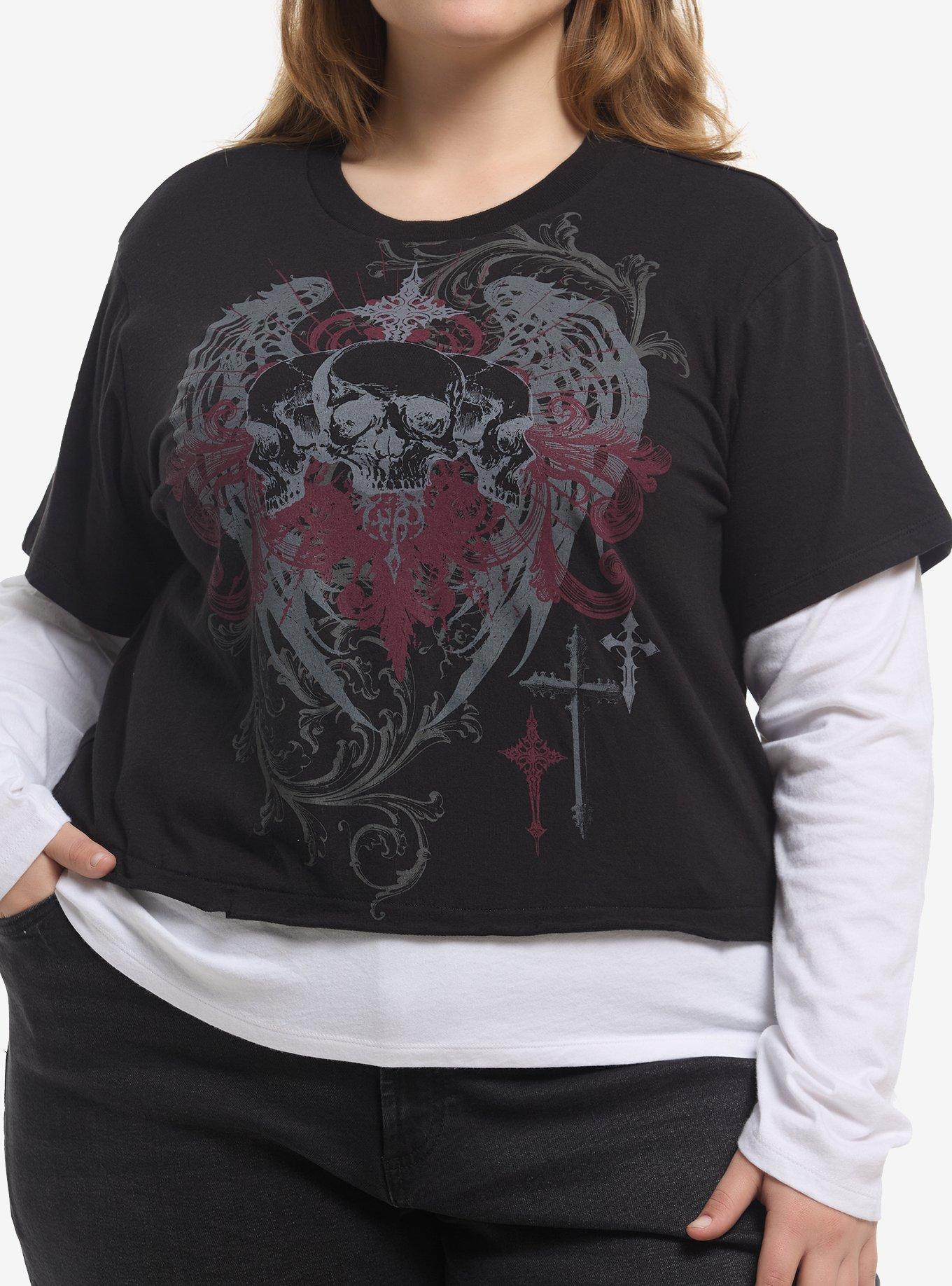 Social Collision Winged Skull & Cross Girls Twofer Long-Sleeve T-Shirt Plus Size, , hi-res